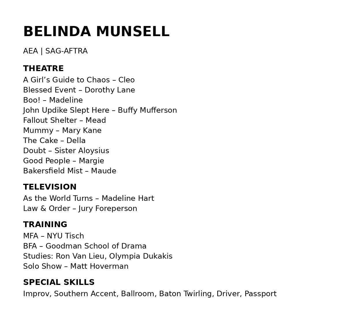 Resume or CV of Belinda Munsell listing her skills and experience in theatre, television, training, and special skills.