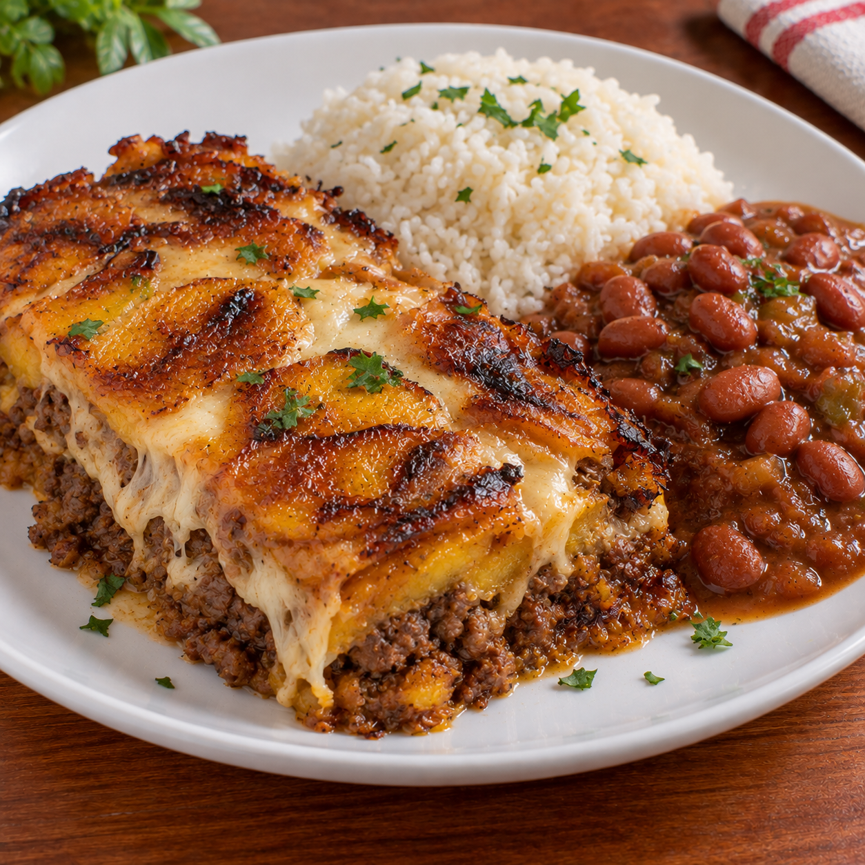 3. Sweet Plantain Casserole with Ground Beef & Mozzarella Cheese, White Rice & Stewed Beans
