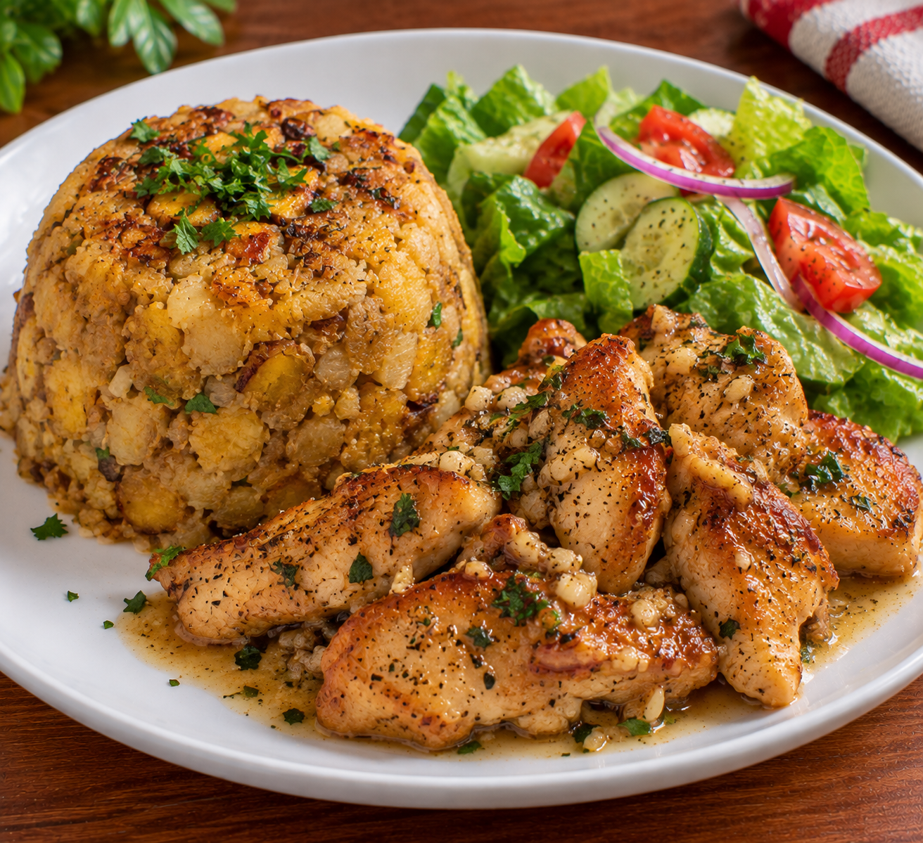 5. Trifongo with Cassava, Green Plantain & Sweet Plantain, Garlic Chicken & Green Salad