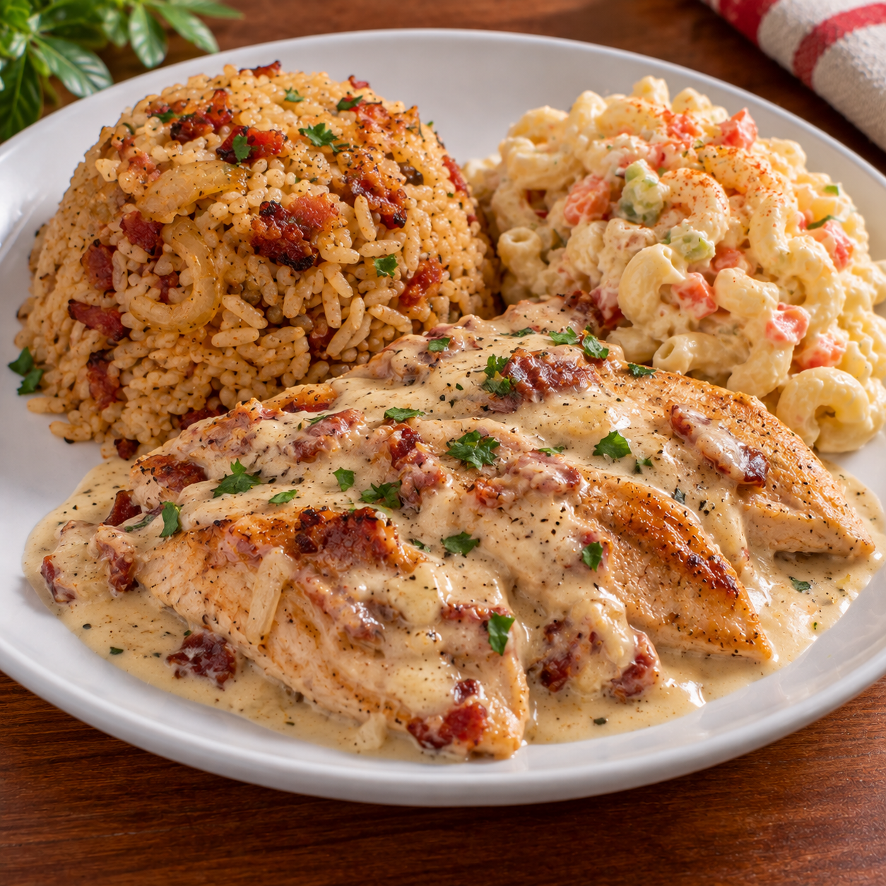 2. Rice with Bacon & Onions, Chicken Breast in Creamy Carbonara Sauce & Macaroni Salad