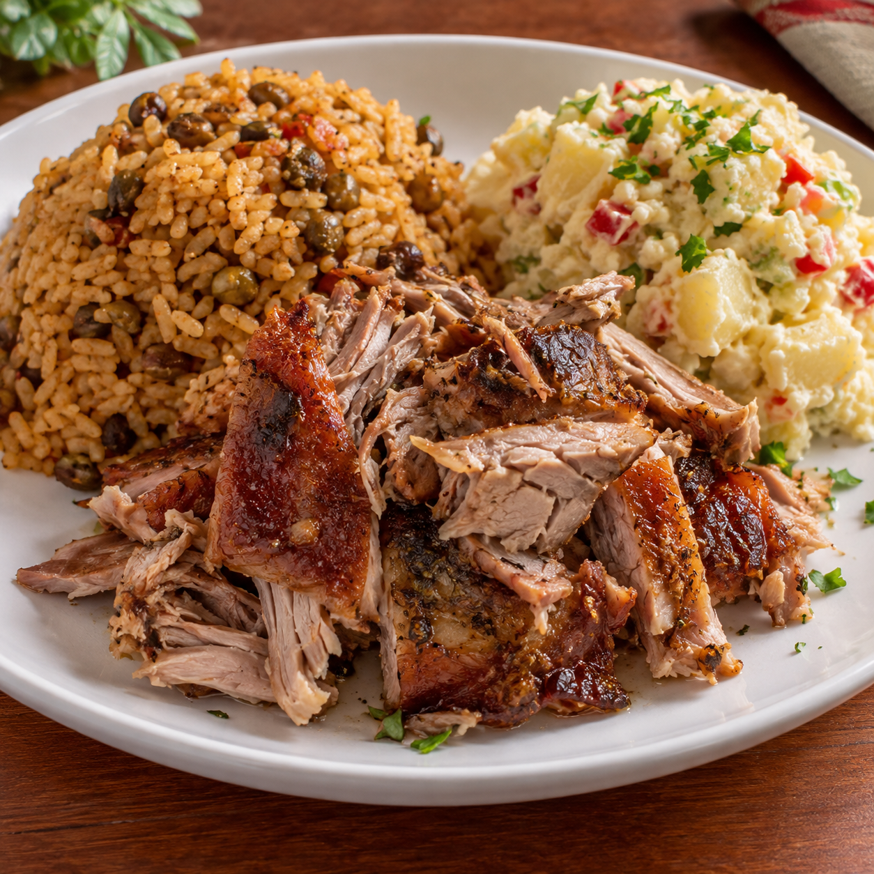 1. Rice with Pigeon Peas, Roasted Pork & Potato Salad