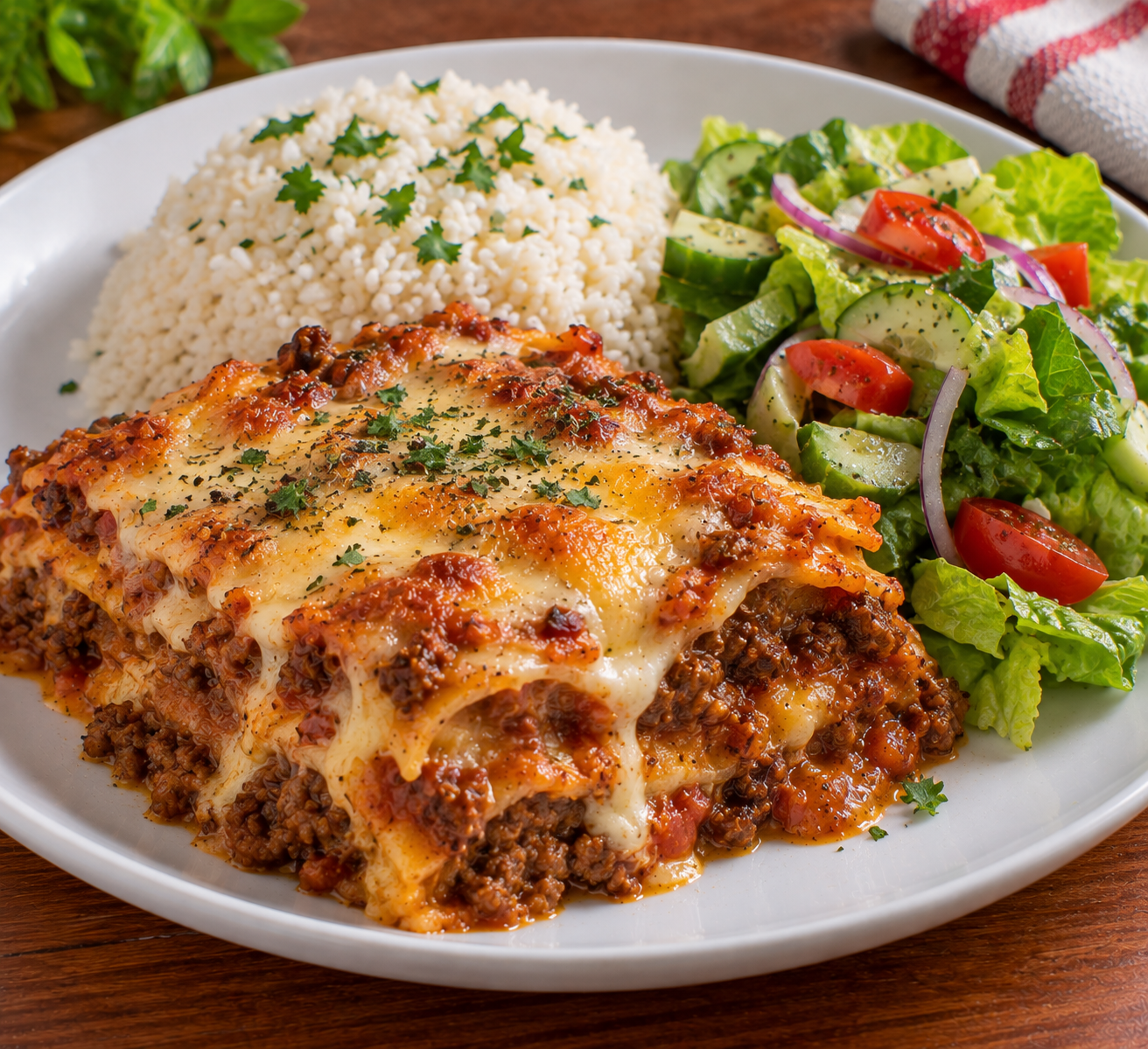 4. Three-Cheese Ground Beef Lasagna, White Rice & Green Salad