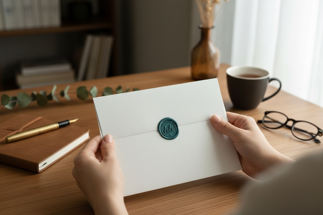 Person holding a white envelope with a teal wax seal over a wooden table.