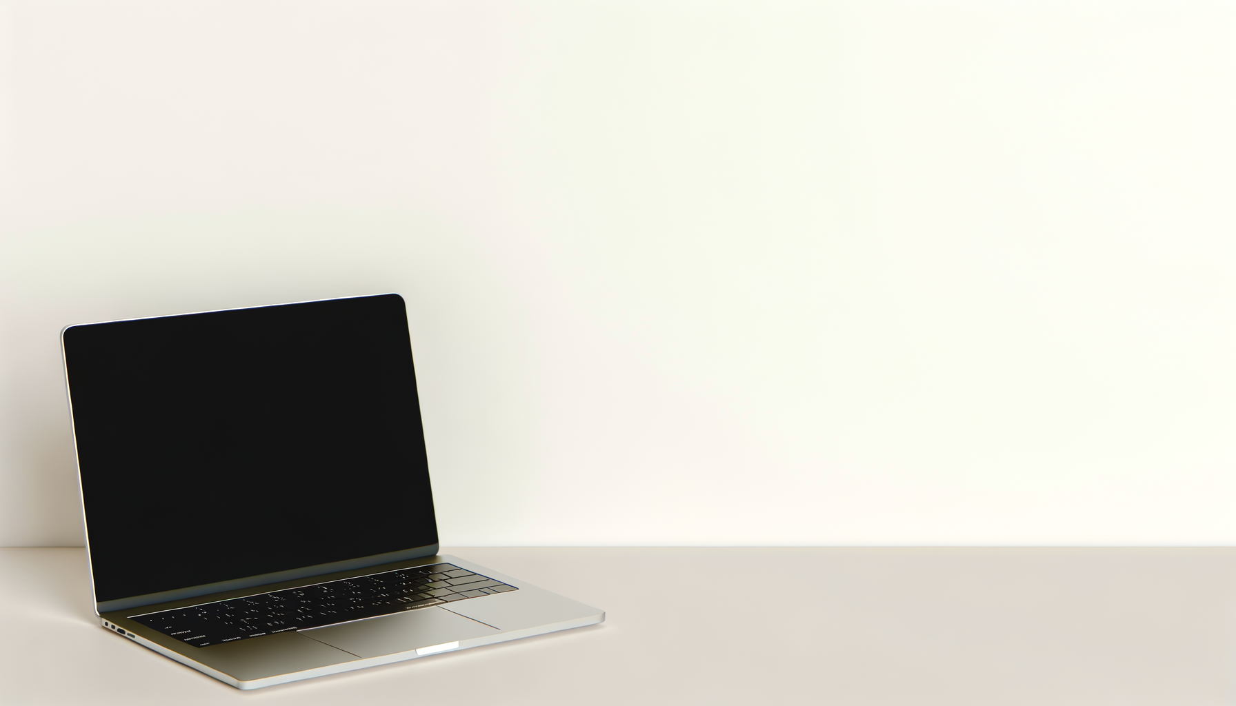 A sleek, modern laptop with a black screen on a white desk against a cream-colored wall.