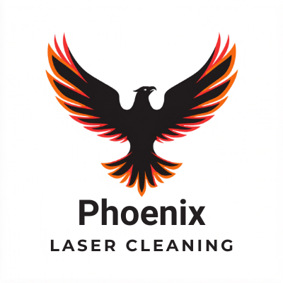 Logo of a black phoenix with red and orange accents, with the words 'Phoenix Laser Cleaning' underneath.