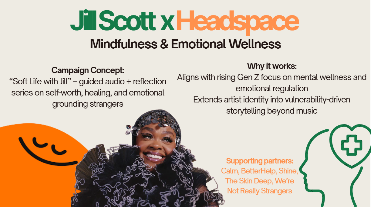 A promotional poster for a mindfulness and emotional wellness campaign titled "Jill Scott x Headspace". The poster includes a woman smiling, an orange abstract smiling face graphic, and a green outline of a head with a heart and cross symbol inside. It mentions the campaign concept, benefits of the program, and supporting partners.