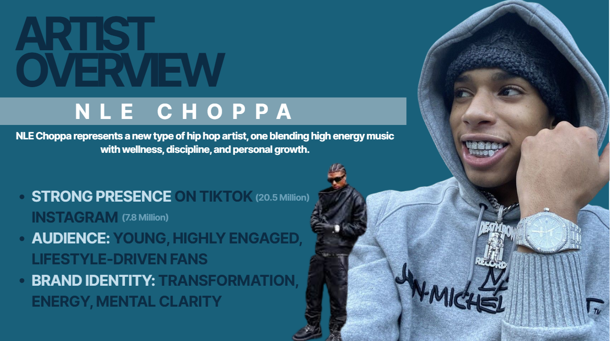Slide showing an overview of artist NLE Choppa, including his name, description, social media presence on TikTok and Instagram, audience focus, and brand identity.
