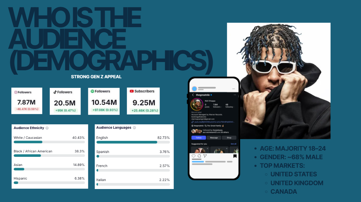 Infographic about the audience demographics of a social media influencer, including follower counts, audience ethnicity, languages, mostly male aged 18-24, top markets, and a picture of a person wearing sunglasses.