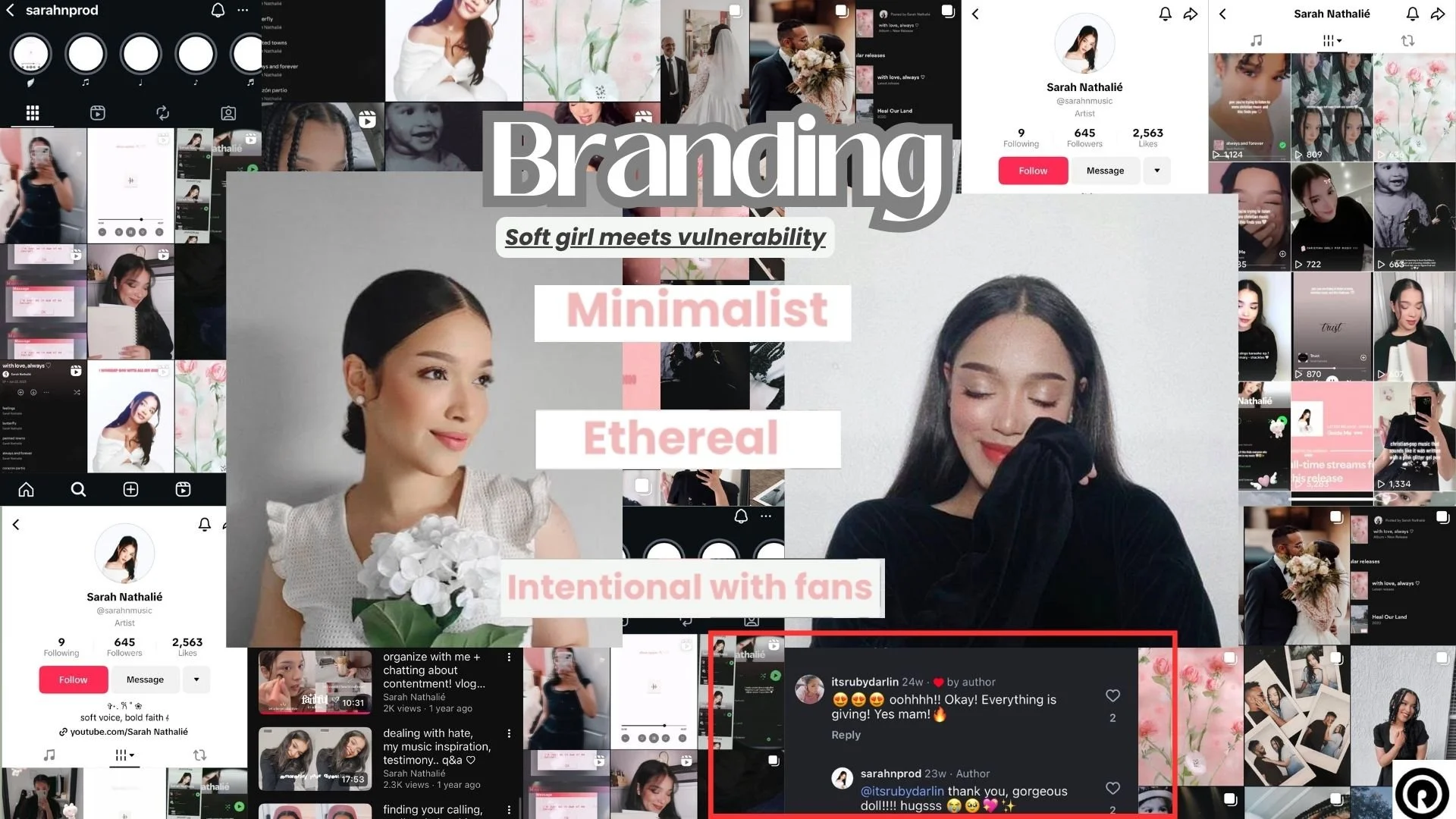 Collage of social media screens related to branding and content creation. Features photos of women, including a woman with dark hair smiling and a woman holding a bouquet of flowers, along with social media profile screenshots, videos, comments, and branding text about being a soft girl, minimalistic, ethnic, and intentional with fans.