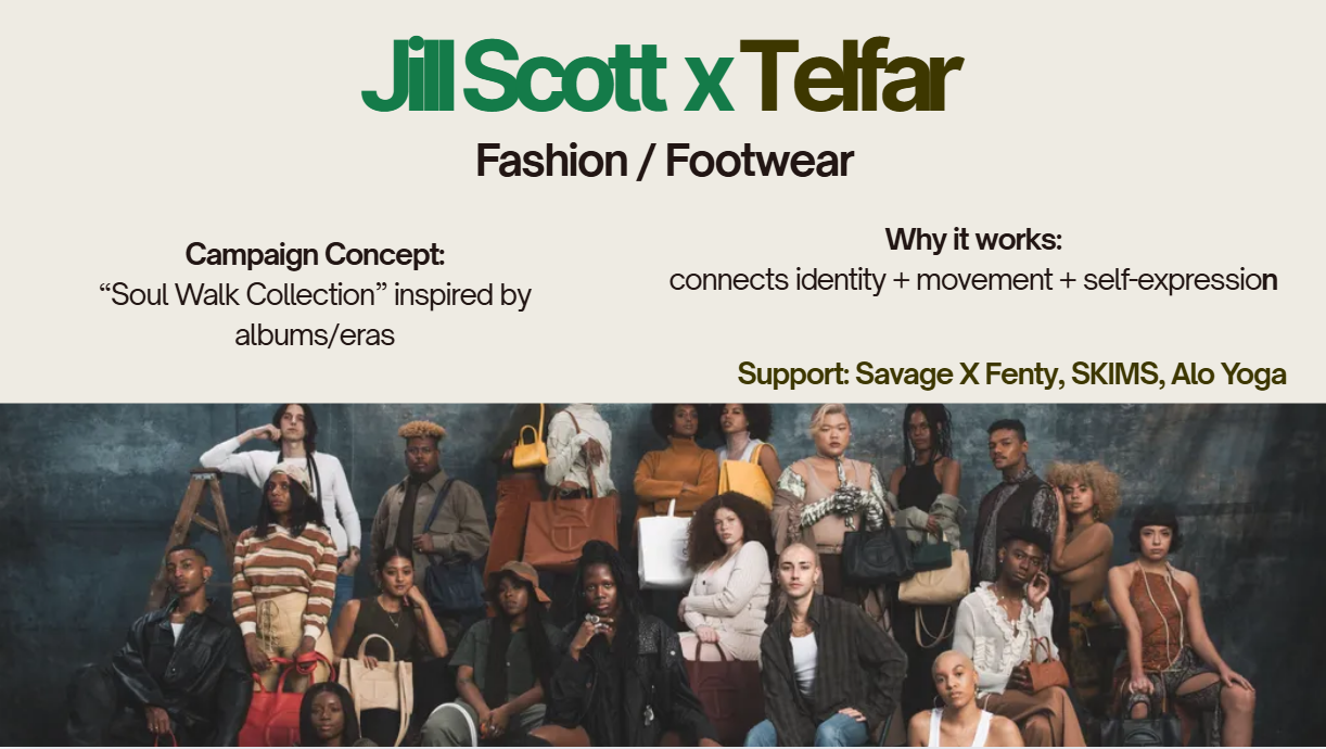 An advertisement for Jill Scott x Telfar fashion and footwear campaign, featuring a diverse group of models with various bags against a dark textured background, promoting the 'Soul Walk Collection' inspired by albums and eras.