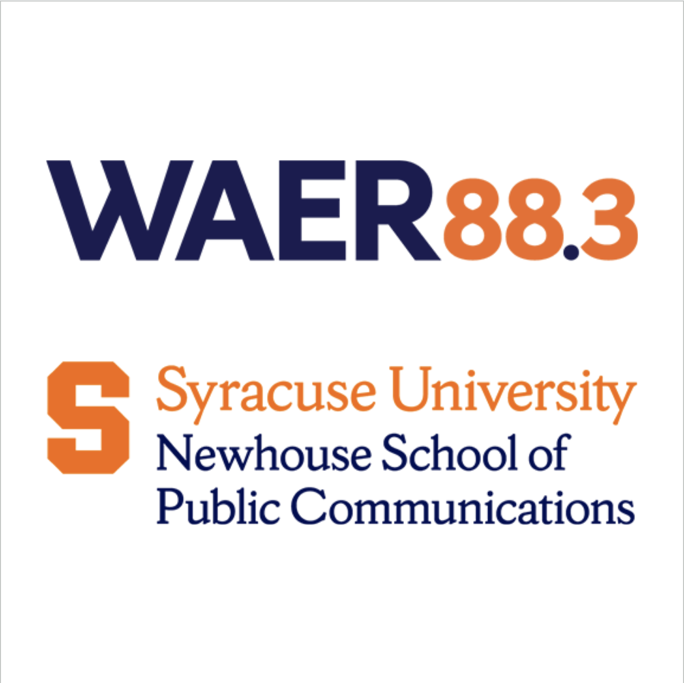 A logo for WAER 88.3, a Syracuse University radio station, featuring the station's call sign in bold navy blue and orange numbers, with the university's name and a reference to the Newhouse School of Public Communications in smaller orange and navy blue text.