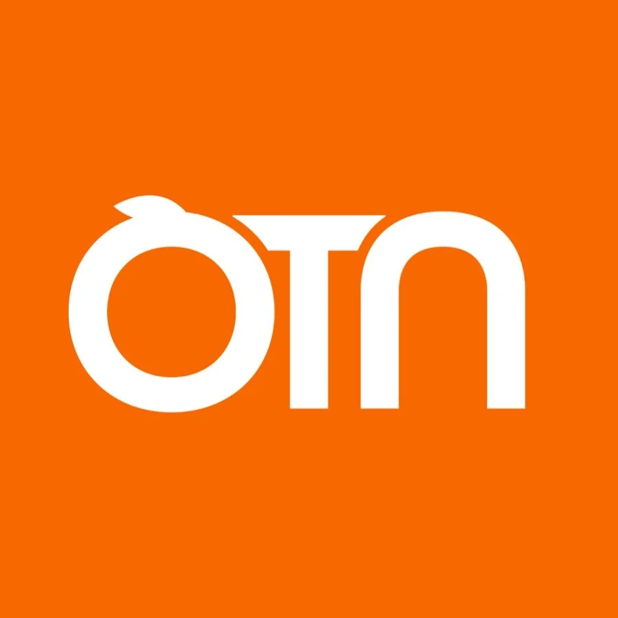White lowercase letters 'o' and 'n' on an orange background.