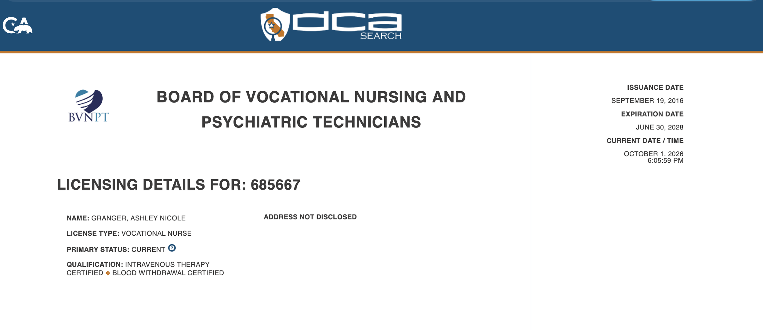 A digital license document from the Board of Vocational Nursing and Psychiatric Technicians, issued on September 19, 2016, with expiration on June 30, 2028. It contains licensing details for Ashley Nicole Granger, including her license type as vocati