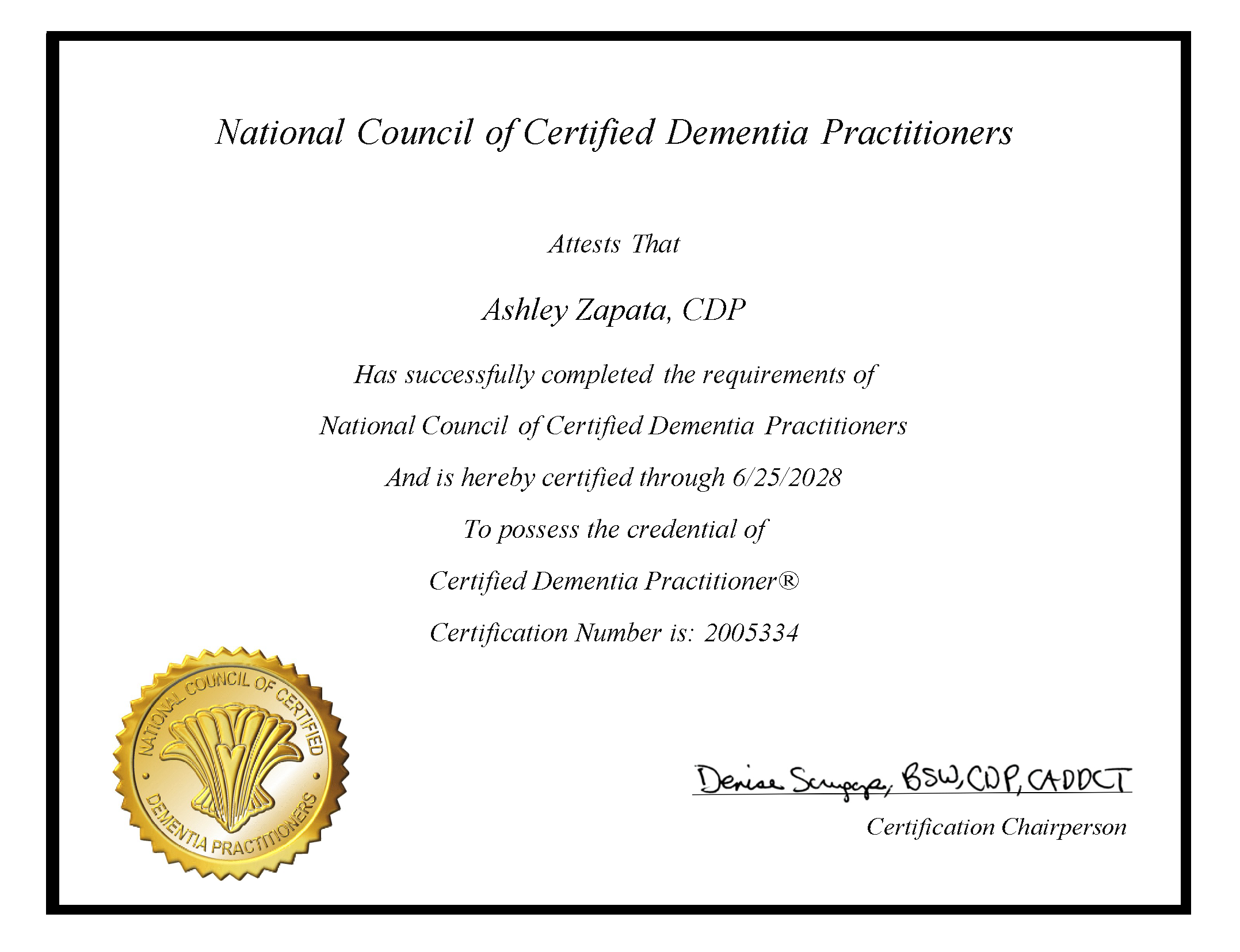 Certified dementia practitioner certificate from the National Council of Certified Dementia Practitioners, featuring a gold seal and signature at the bottom.
