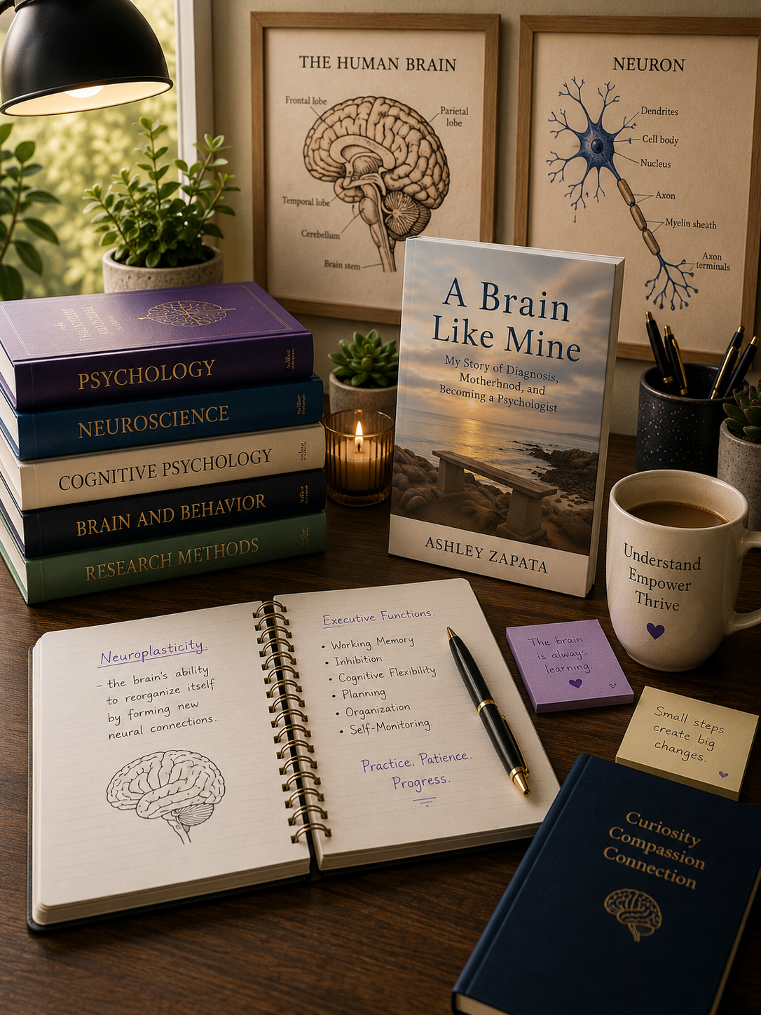 A desk setup with books on psychology, neuroscience, and brain behavior, an open notebook with notes and a brain diagram, a pen, and a book titled 'A Brain Like Mine.' There are two framed diagrams of the human brain and a neuron, potted plants, a lit candle, a mug with motivational words, and sticky notes with inspirational quotes.