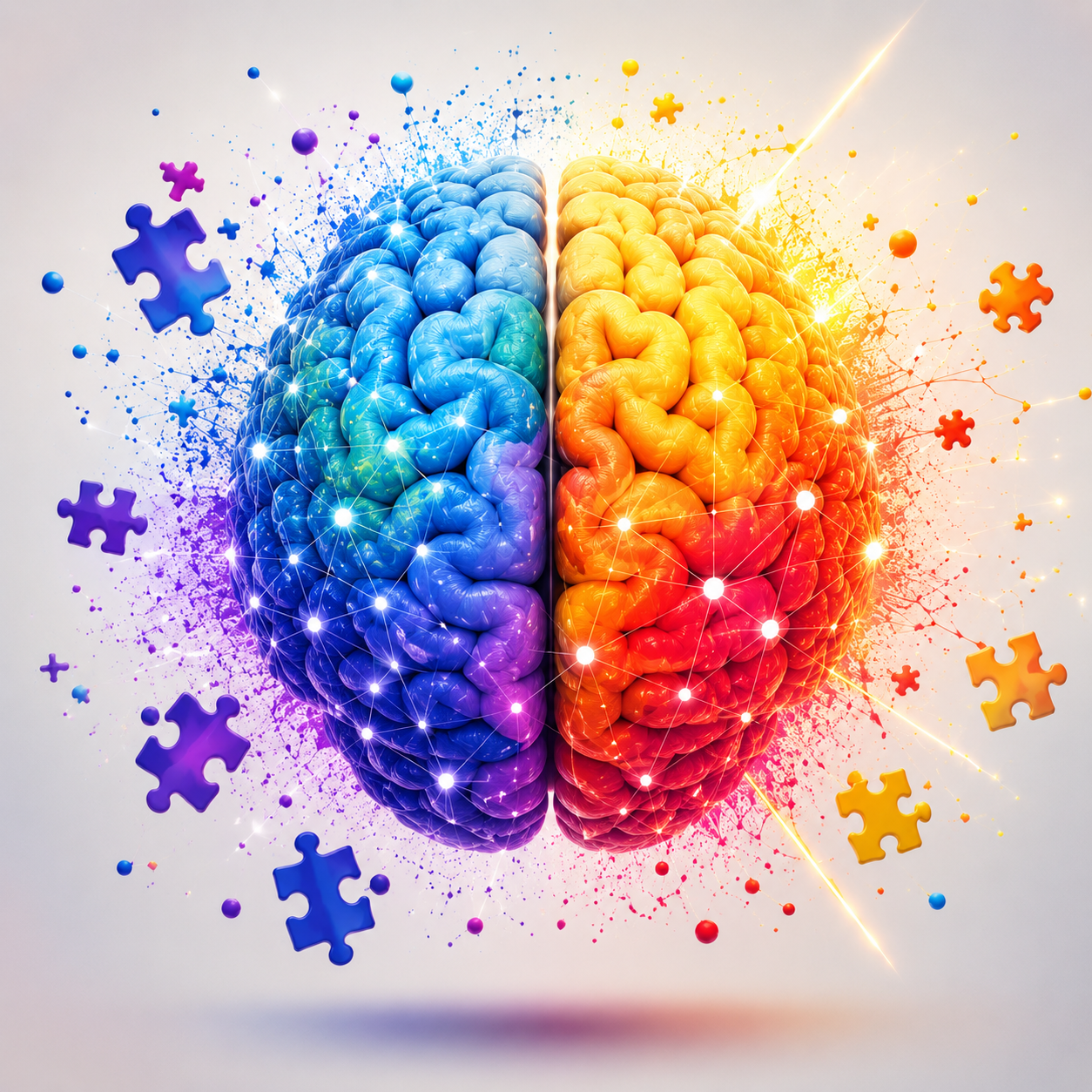 A colorful illustration of a brain with one half in cool colors and the other in warm colors, surrounded by puzzle pieces and neural network graphics.