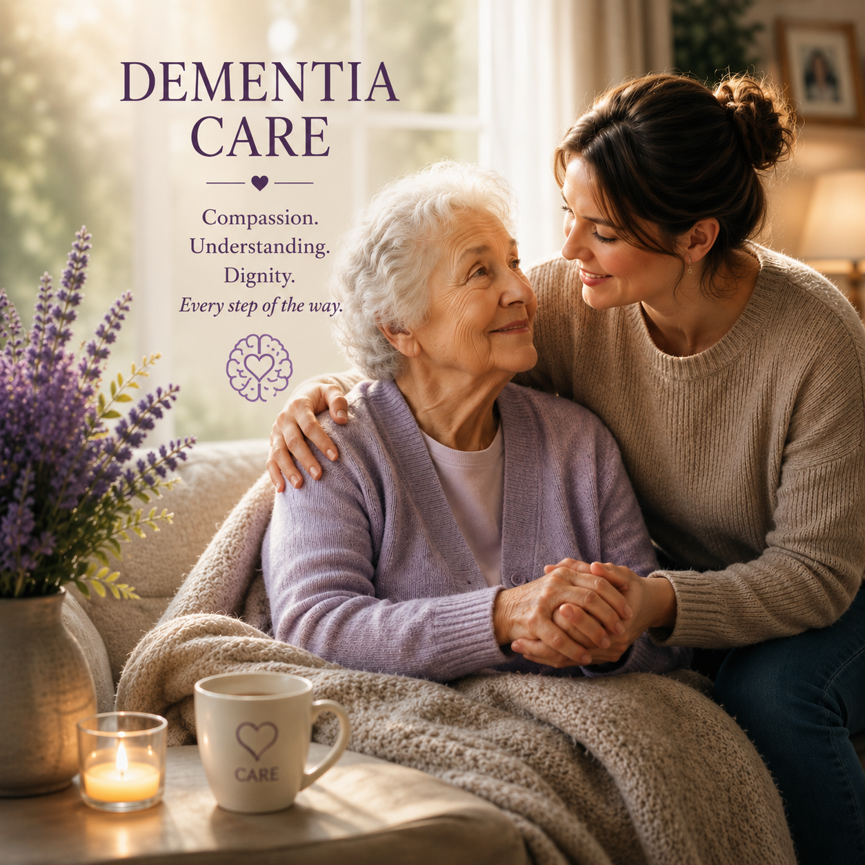 An elderly woman with gray curly hair and a younger woman with brown hair sharing a tender moment, holding hands and smiling at each other, in a cozy living room with sunlight coming through the window, a potted lavender plant, a lit candle, and a mug with the word 'CARE' and a heart symbol on the table. The image promotes dementia care with text emphasizing compassion, understanding, dignity, and every step of the way.