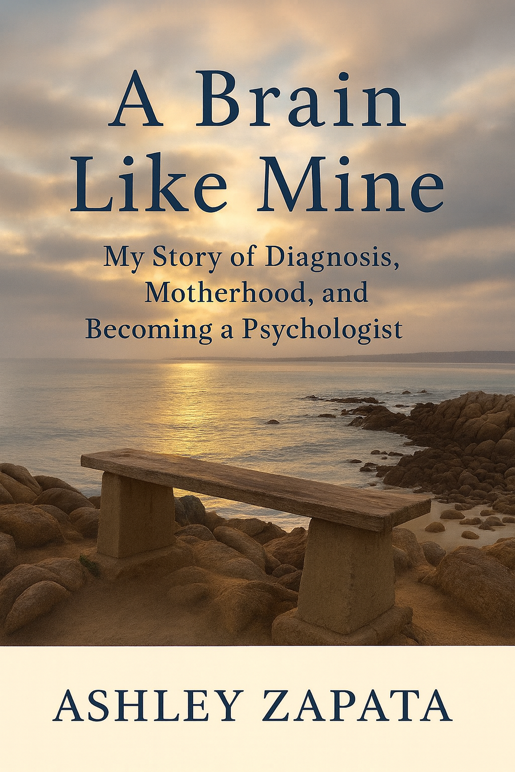 Book cover with a background of a sunset over the ocean, featuring a stone bench on rocks in the foreground and the title 'A Brain Like Mine' by Ashley Zapata.