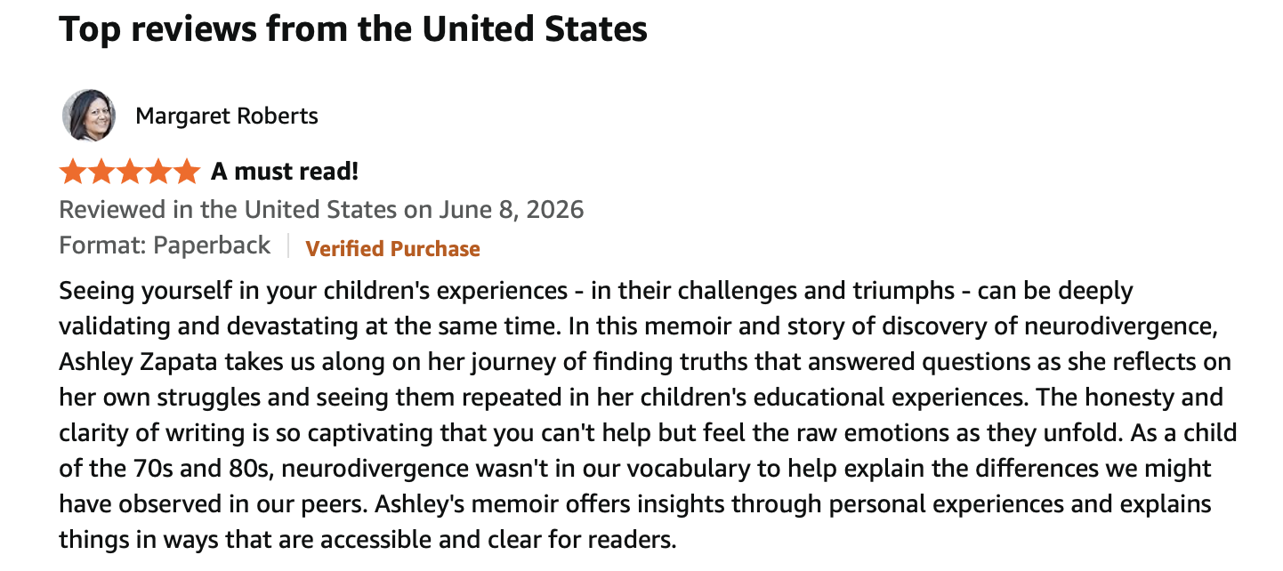 Screenshot of a book review from Amazon, featuring a four-star rating, and a detailed review of Ashley Zapata's memoir about neurodivergence and personal experiences.