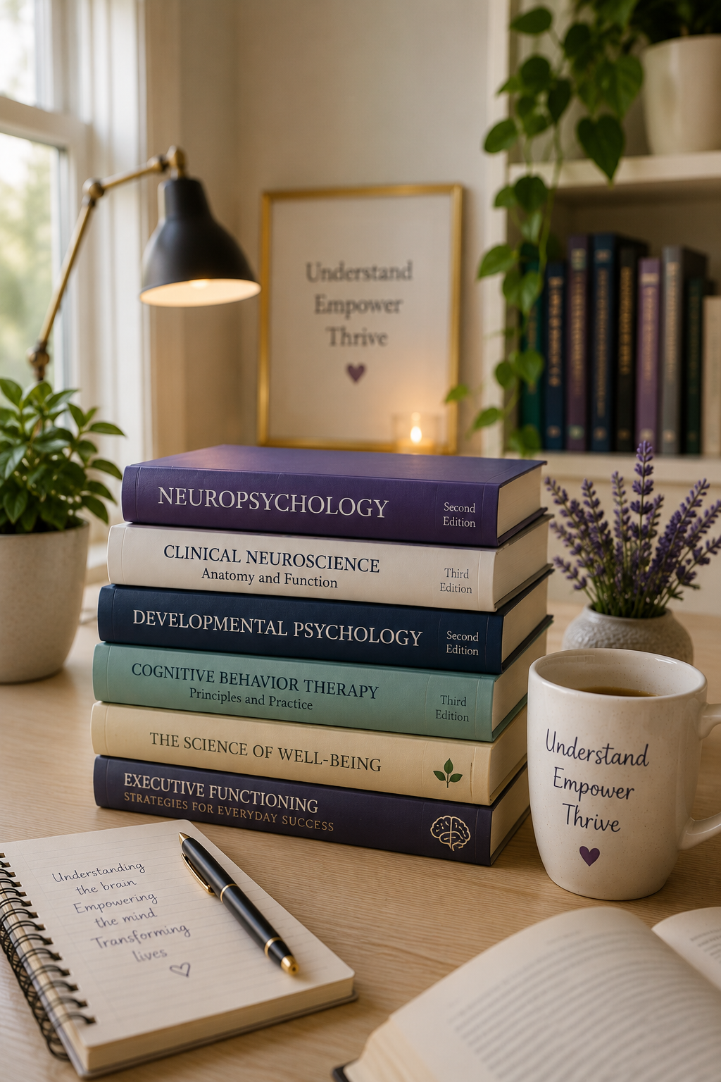 Stack of psychology and neuroscience books on a desk, with a notebook, a pen, a mug with the words 'Understand, Empower, Thrive', and a potted plant nearby, in a cozy workspace with a framed quote on the wall.