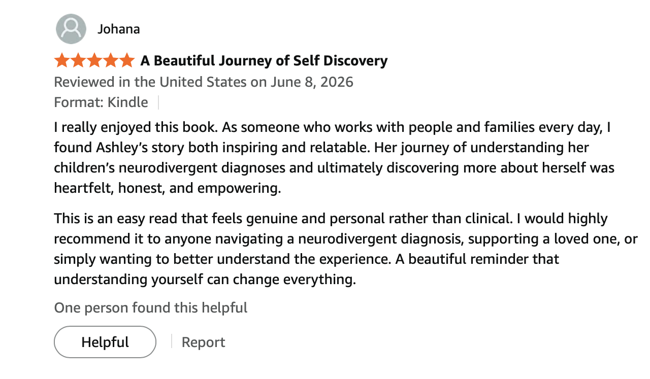 Review from a Kindle user named Johana for the book "Dementia Care Journey" dated June 8, 2026. The review is positive, five stars, and describes the book as inspiring, relatable, and empowering.