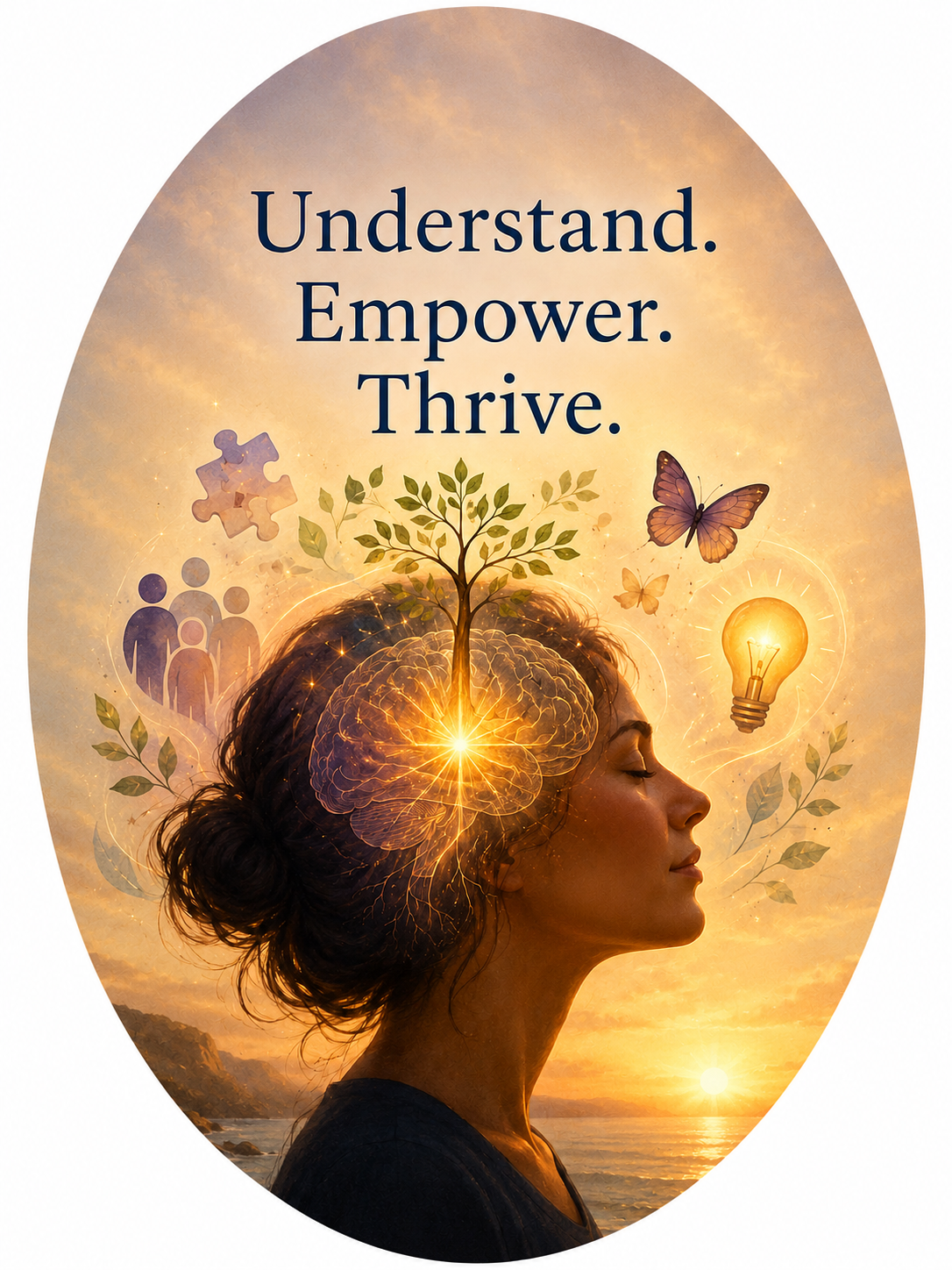 A woman in profile with a digital illustration of a brain, tree, and glowing light bulb over her head against a sunset background. The text reads "Understand. Empower. Thrive."