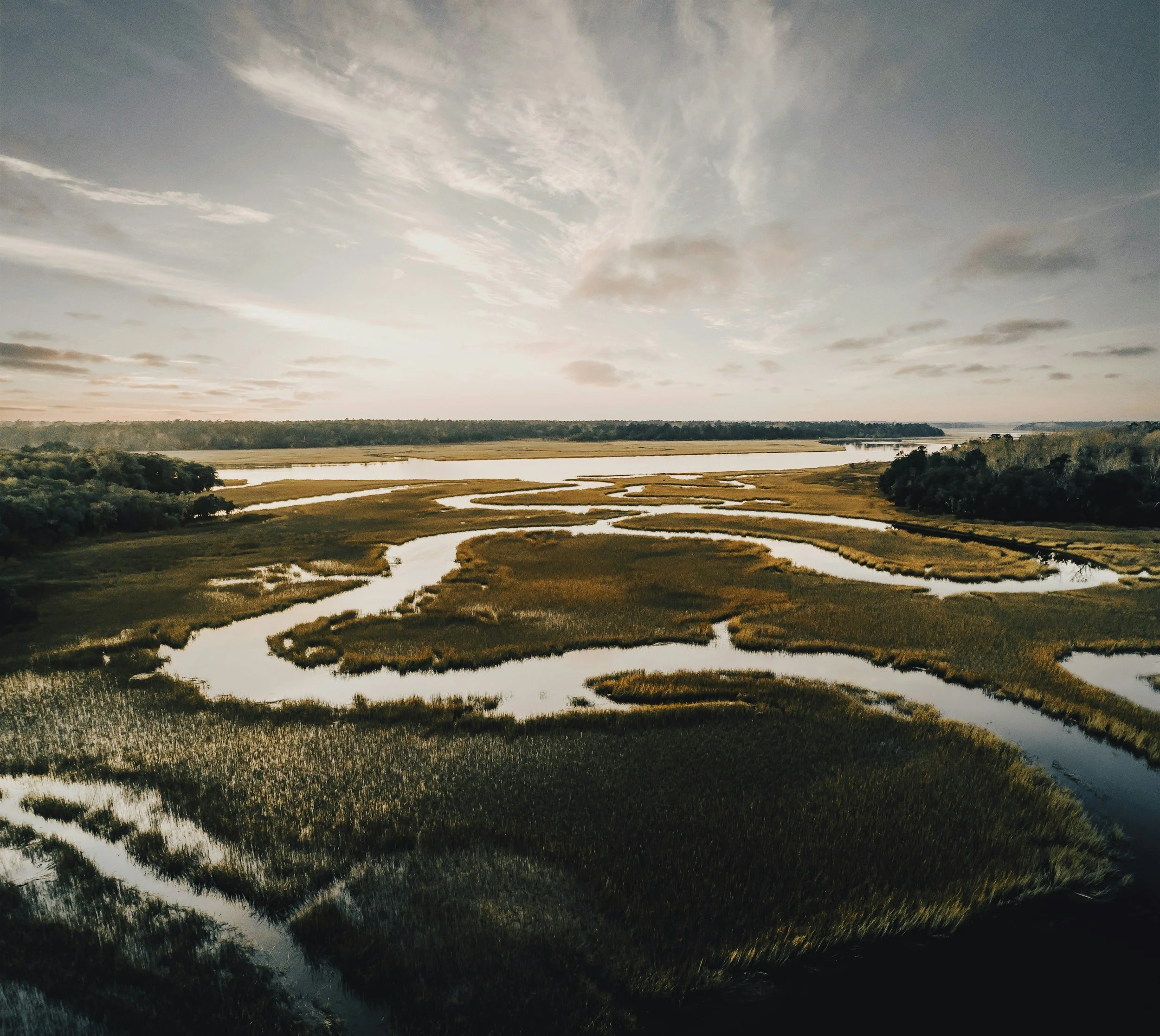 A landscape scene with a river winding through grassy marshes and forested areas under a partly cloudy sky during sunset or sunrise.