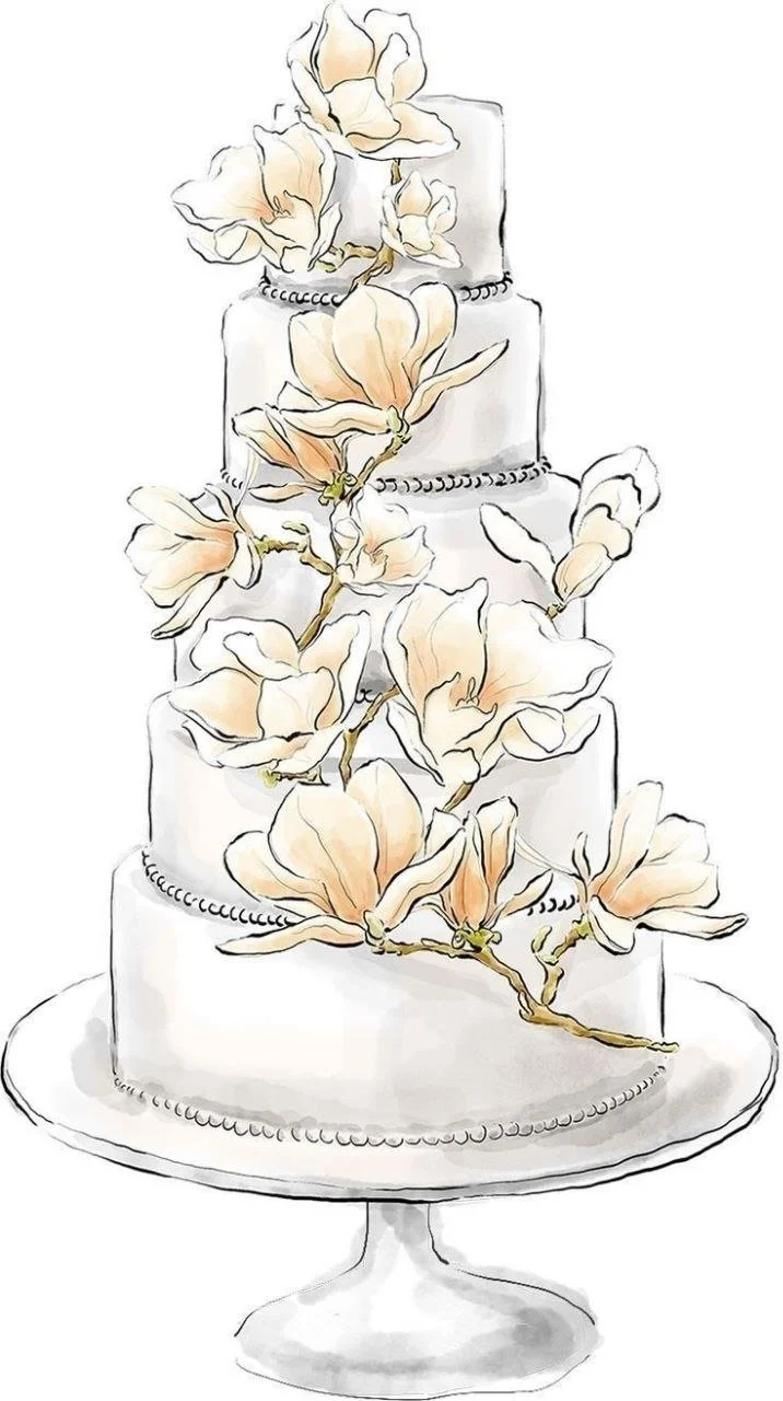 Bespoke tiered wedding cake design sketch with elegant floral detailing