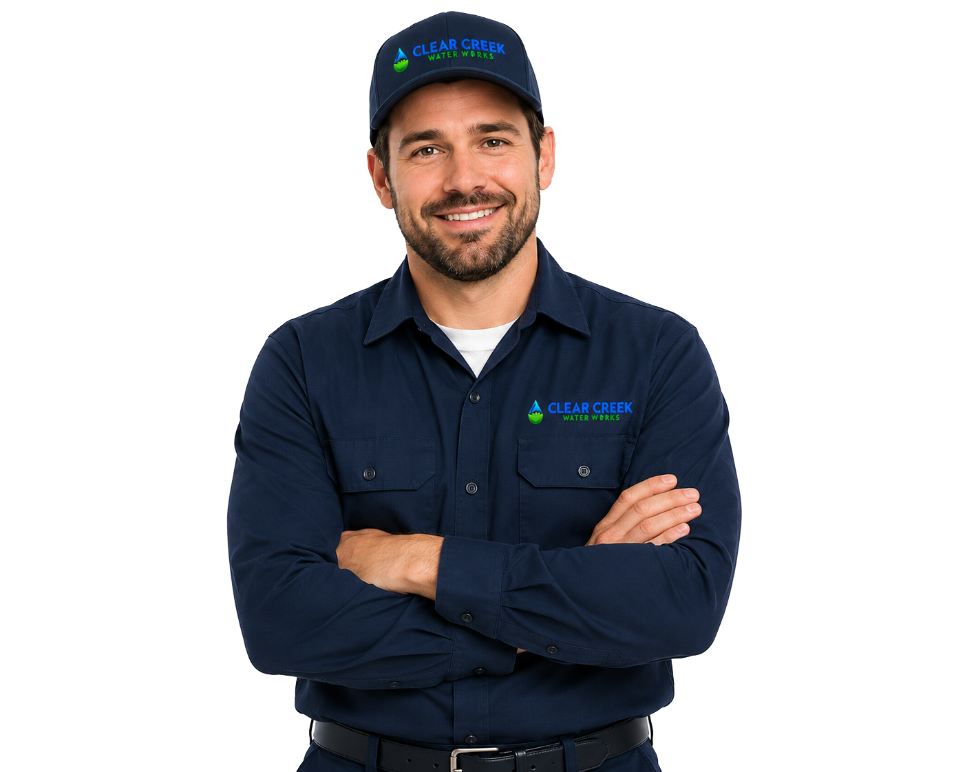 Man wearing a navy blue shirt and cap with the logo of Clear Creek Water Works, smiling with arms crossed, standing against a white background.