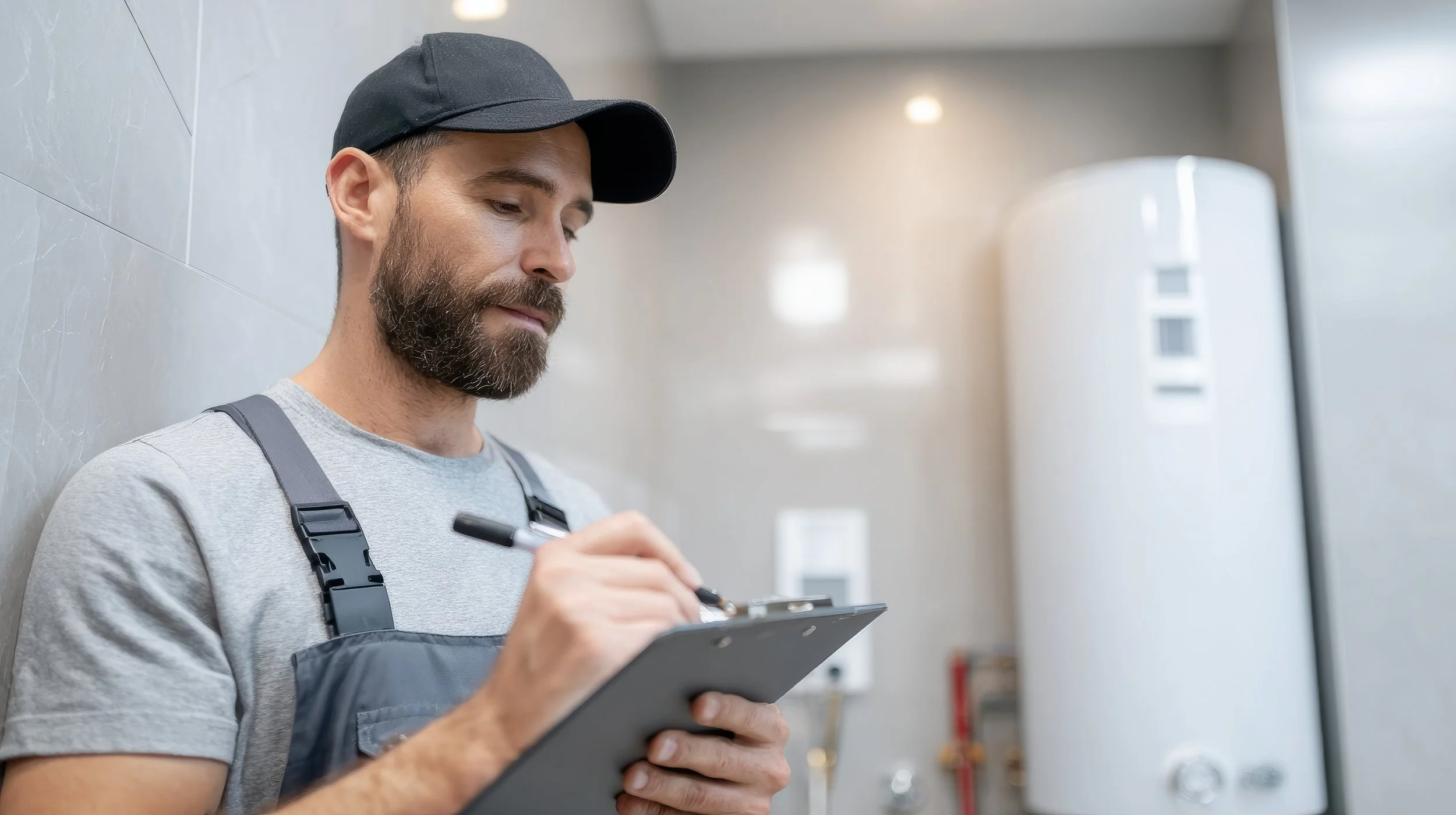 A man with a beard wearing a gray t-shirt, a black cap, and a harness, writing on a clipboard.