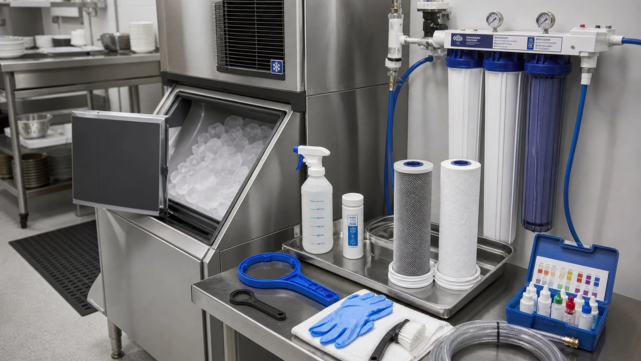 A stainless steel medical or laboratory workstation with equipment and supplies, including a filtration system with three blue and white filter cartridges, a clear plastic spray bottle, gloves, cleaning brushes, and various small containers and test tubes, in a laboratory or cleanroom setting.