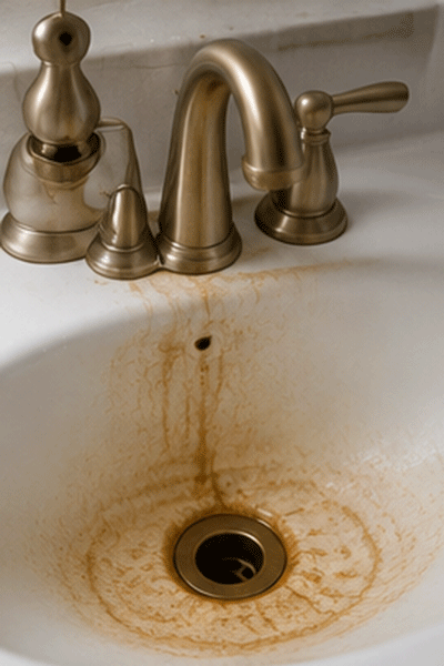 A bathroom sink with rust stains and a bronze faucet.