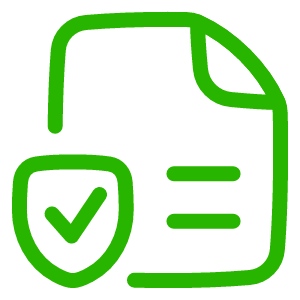 Green outline document icon with checkmark inside a shield