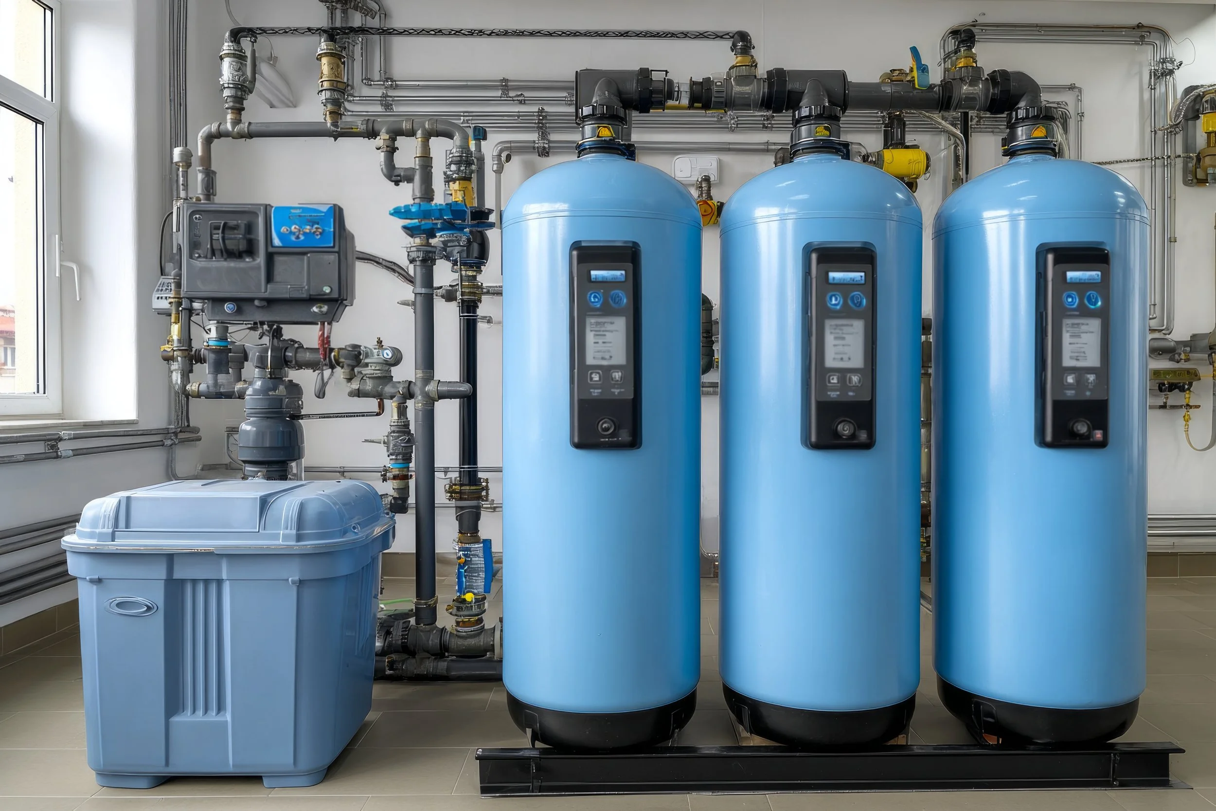 A water treatment system with three large blue cylindrical tanks connected by black pipes, and a blue rectangular filter or softener unit in the foreground inside a room with a window on the left.