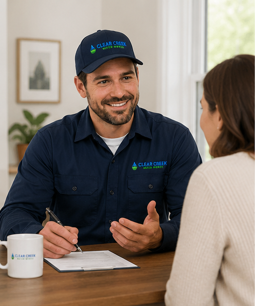 A man wearing a navy blue work uniform and cap with Clear Creek Water Group logo, sitting at a table and talking to a woman with brown hair and a beige sweater in a bright office or home setting.