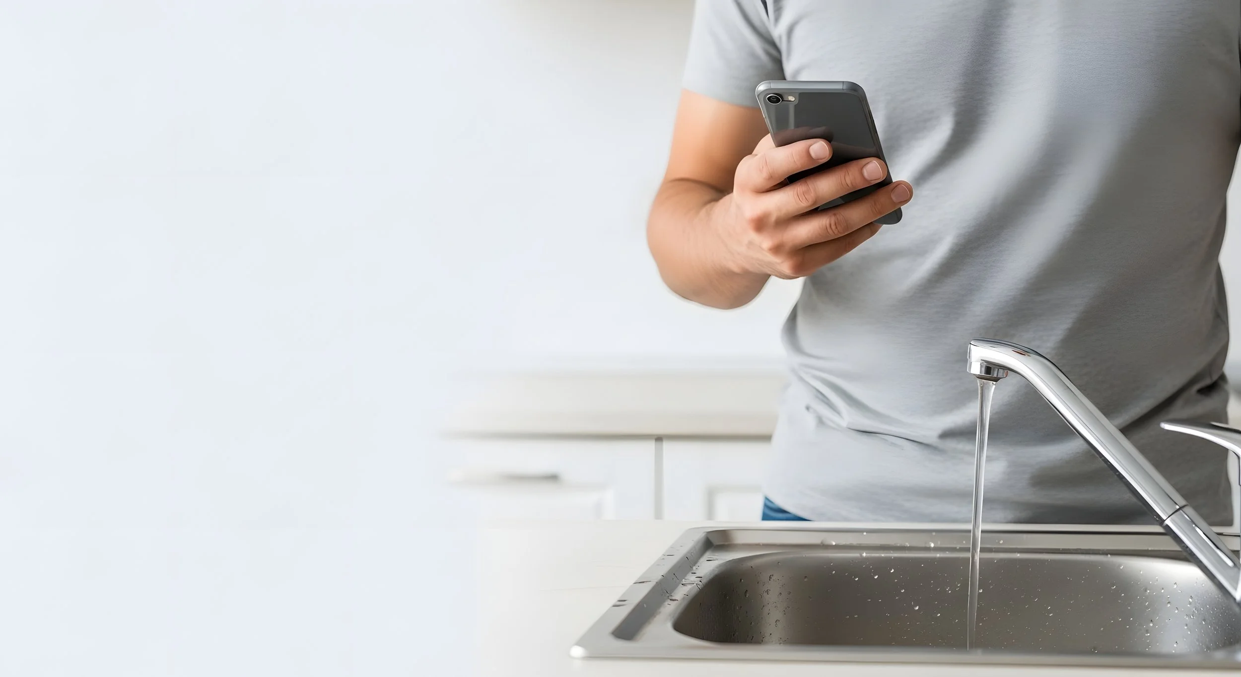 Person standing at kitchen sink, holding a smartphone in their hand, with water running from the faucet.