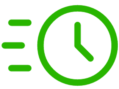 Green clock with motion lines indicating speed or quickness.