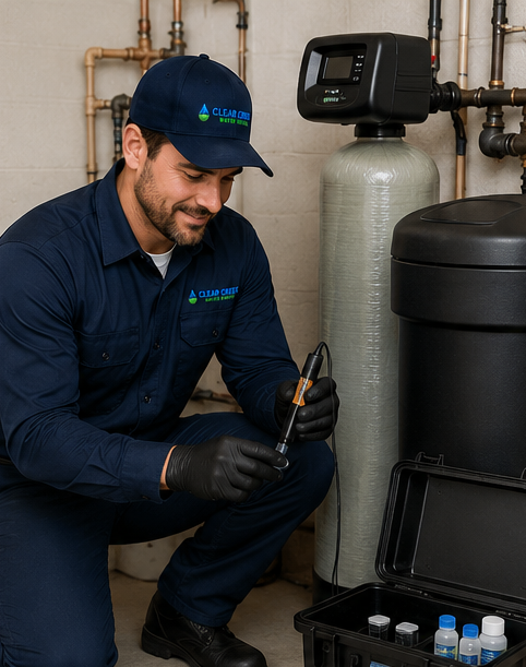 Technician testing a water filtration system in a basement, wearing a uniform with a company logo and holding a testing instrument.