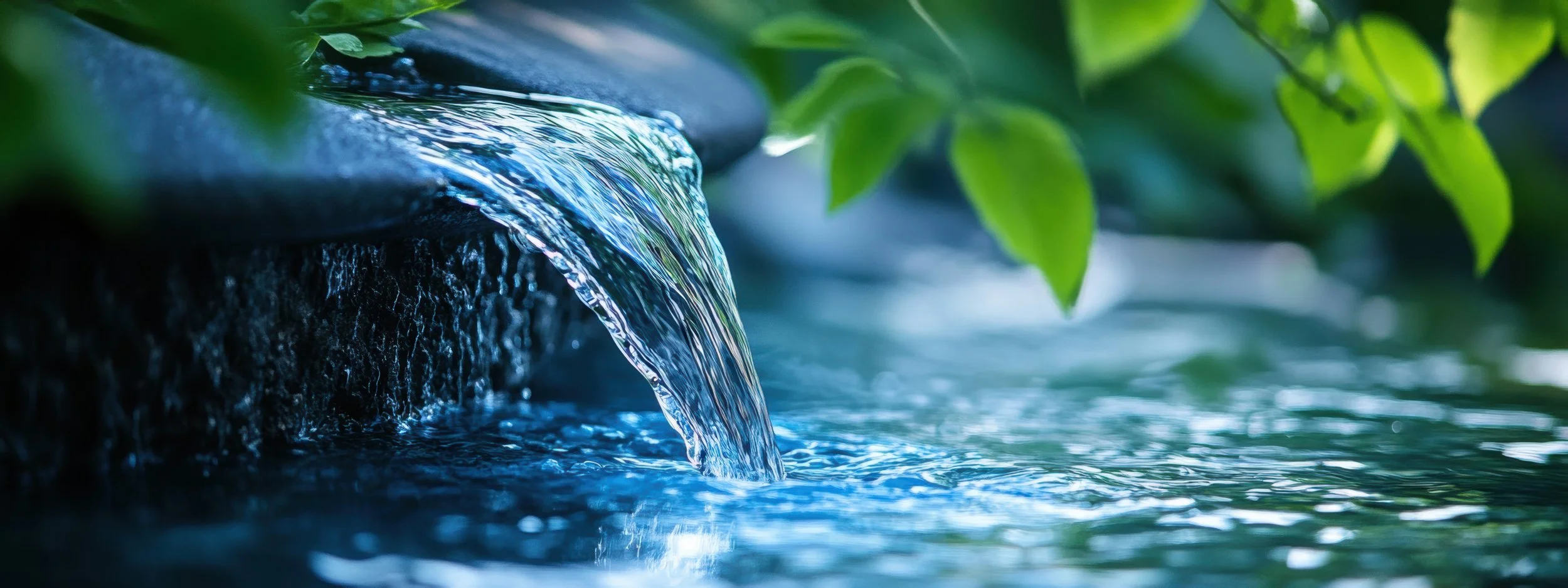Close-up of a small waterfall flowing over rocks, surrounded by green leaves.