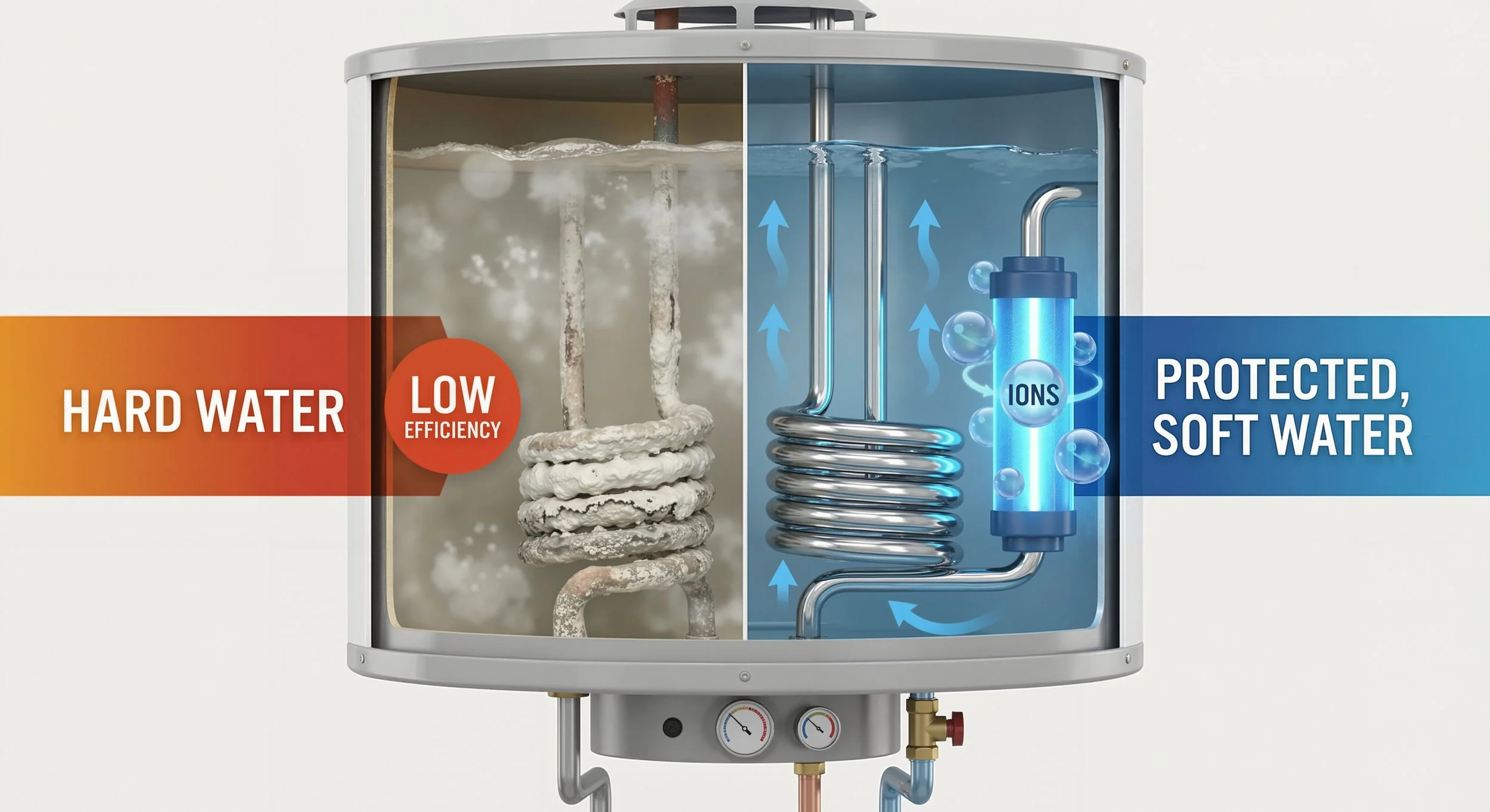 Diagram comparing hard water and soft water inside a water treatment system. Hard water side shows mineral buildup and low efficiency, while soft water side shows ion exchange process with bubbles and improved water quality.