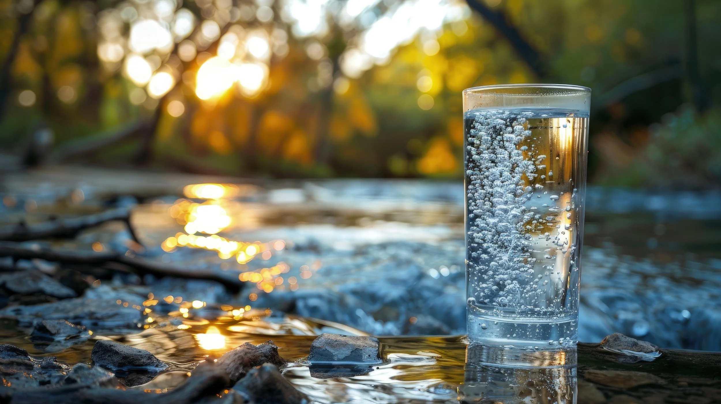A glass of sparkling water with bubbles, placed on a rocky surface near a river, during sunset with trees in the background.