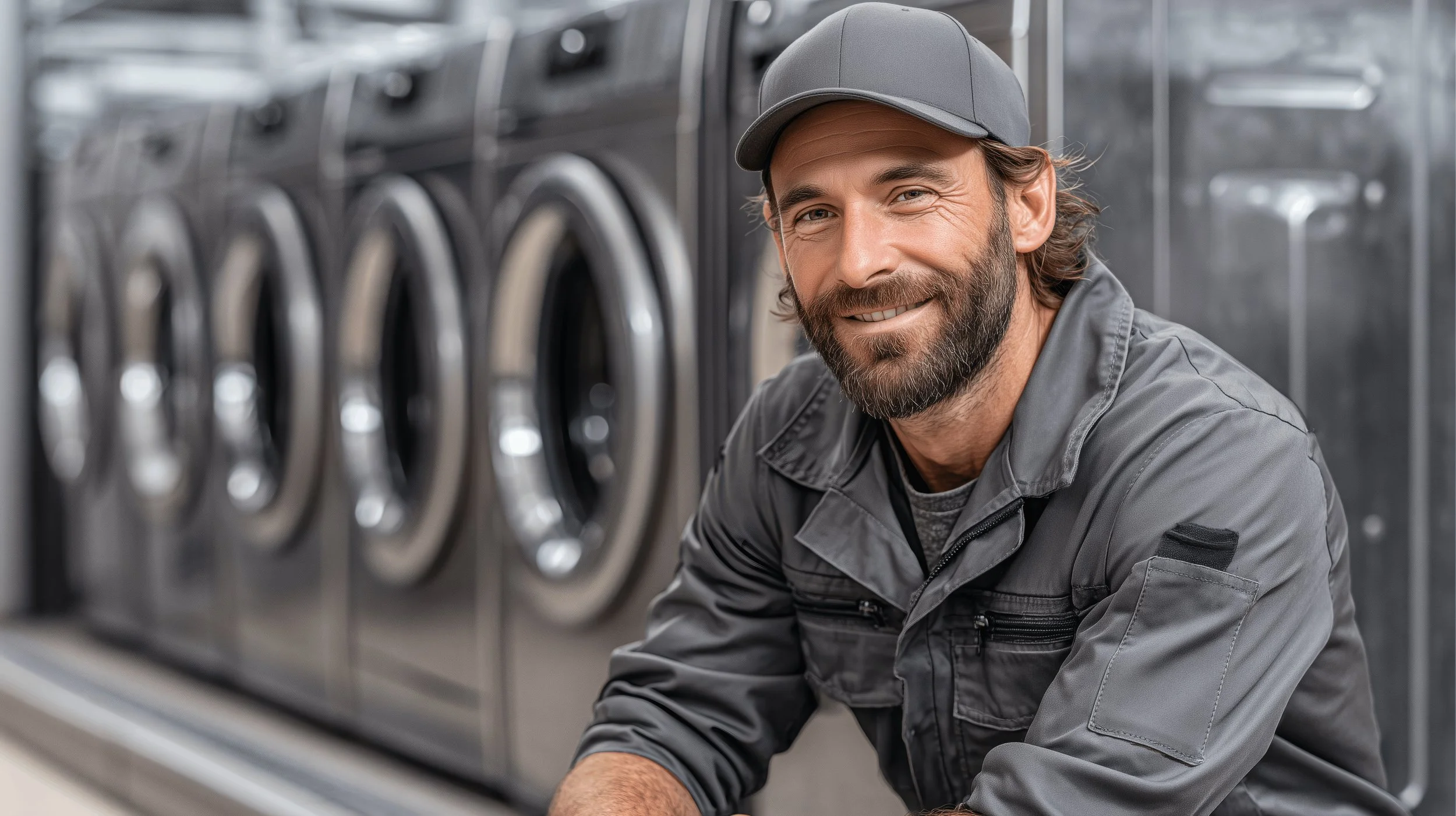 A smiling man with a beard in a gray uniform and cap working at a laundromat with front-loading washers.