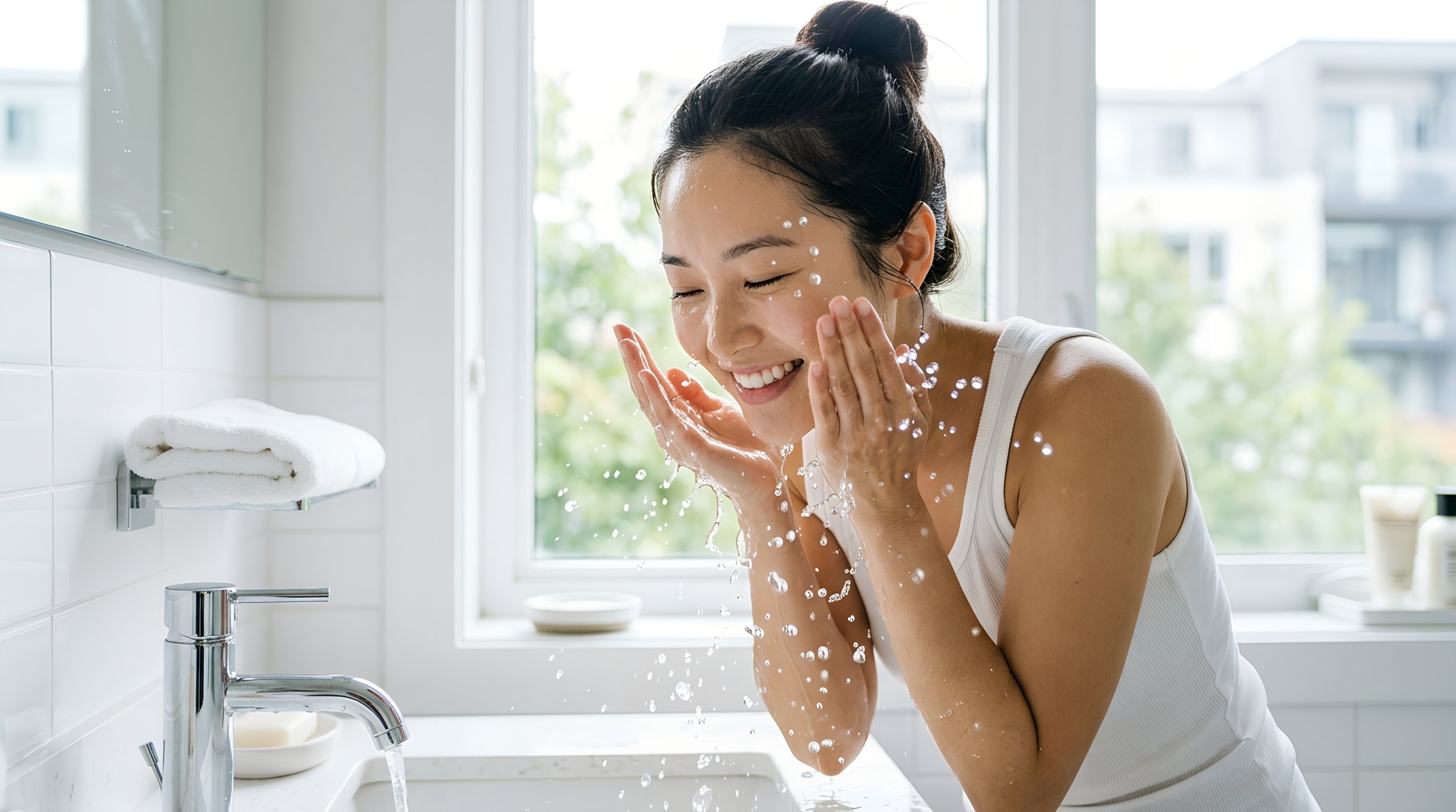 A woman washing her face at a bathroom sink, smiling with her eyes closed, with water splashing on her face.
