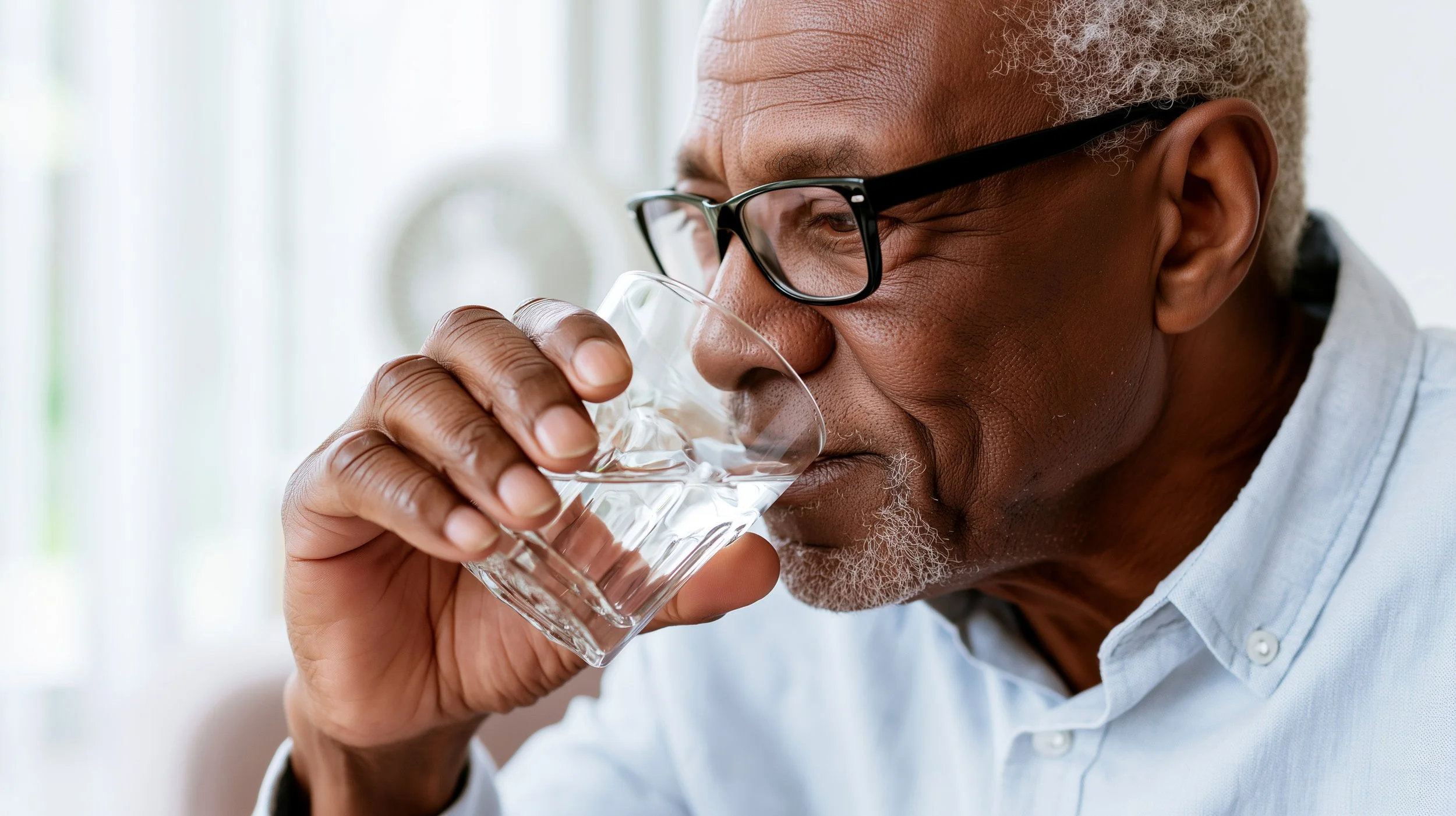 Older man with glasses and gray hair drinking water from a clear glass.