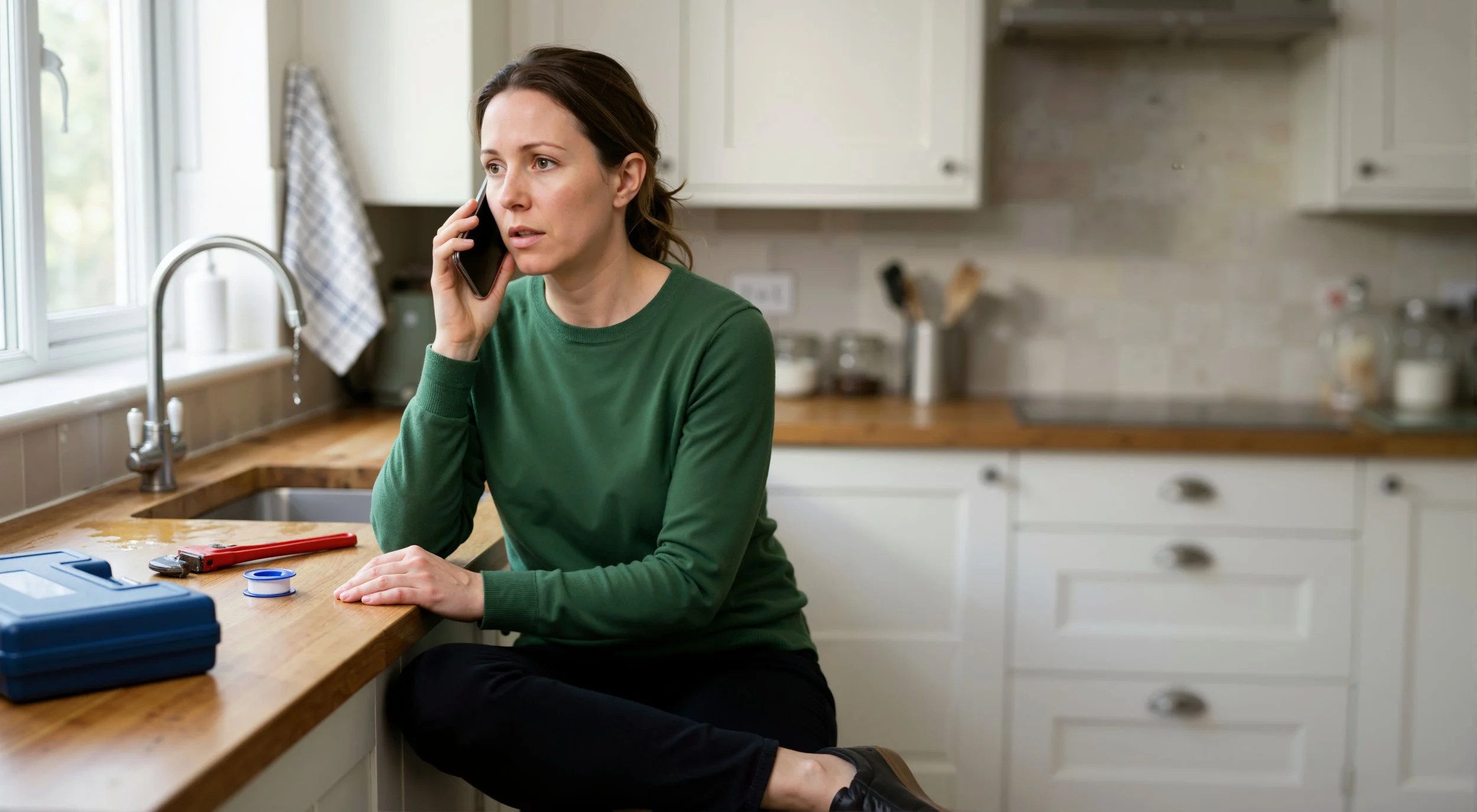 A woman sitting in a kitchen, talking on a cell phone, with various tools and supplies on the counter in front of her.