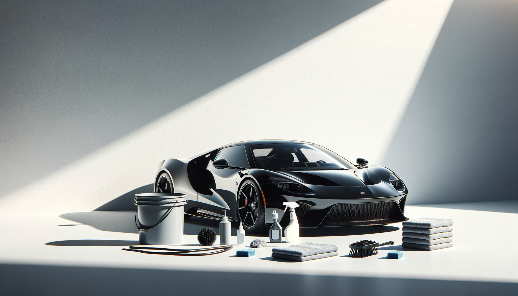 A sleek black sports car in a minimalist setting surrounded by cleaning and detailing supplies, including towels, bottles, brushes, and a bucket.