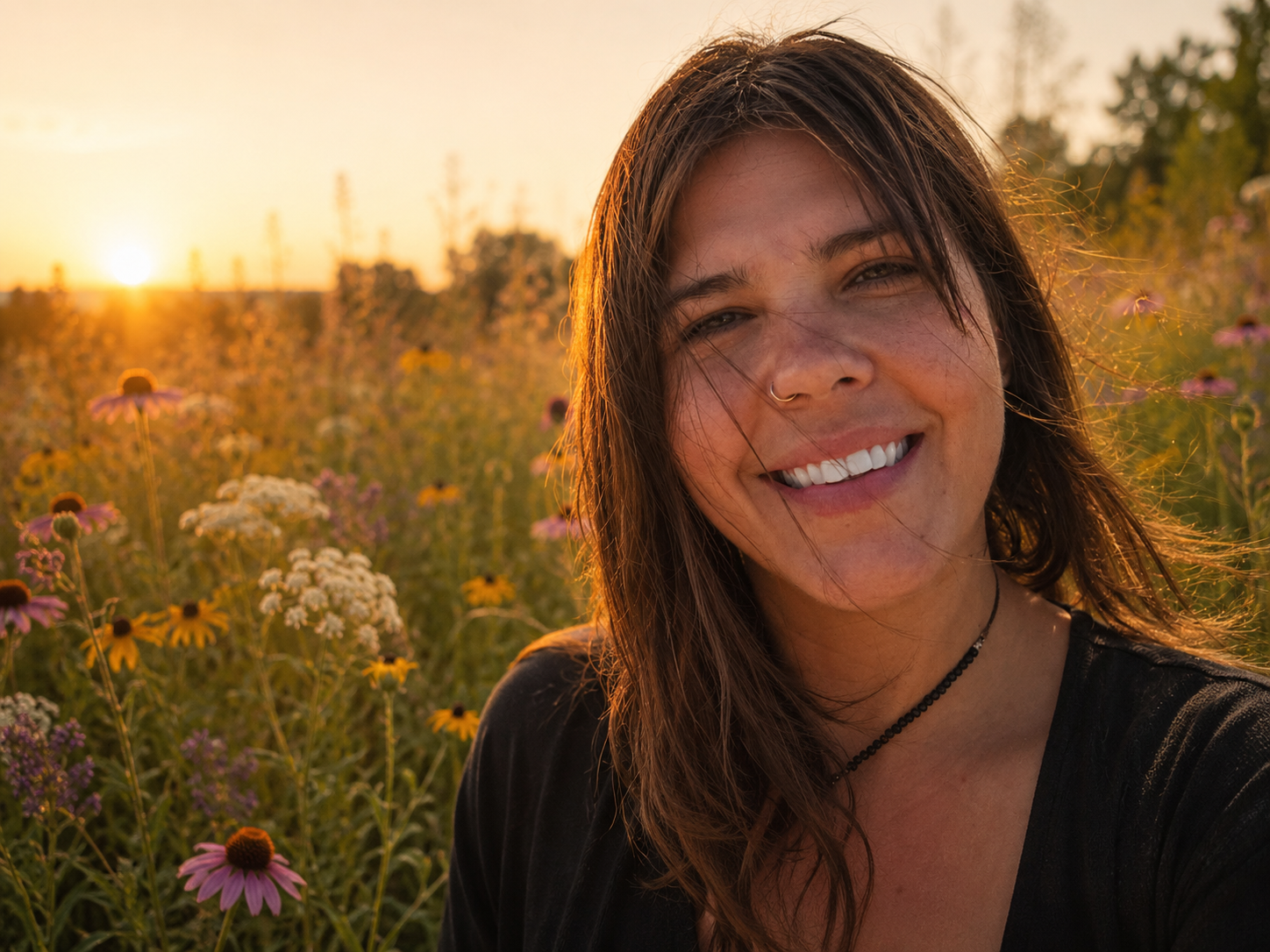 A smiling woman with long dark hair, wearing a nose ring and a black choker necklace, outdoors in a field of flowers at sunset.
