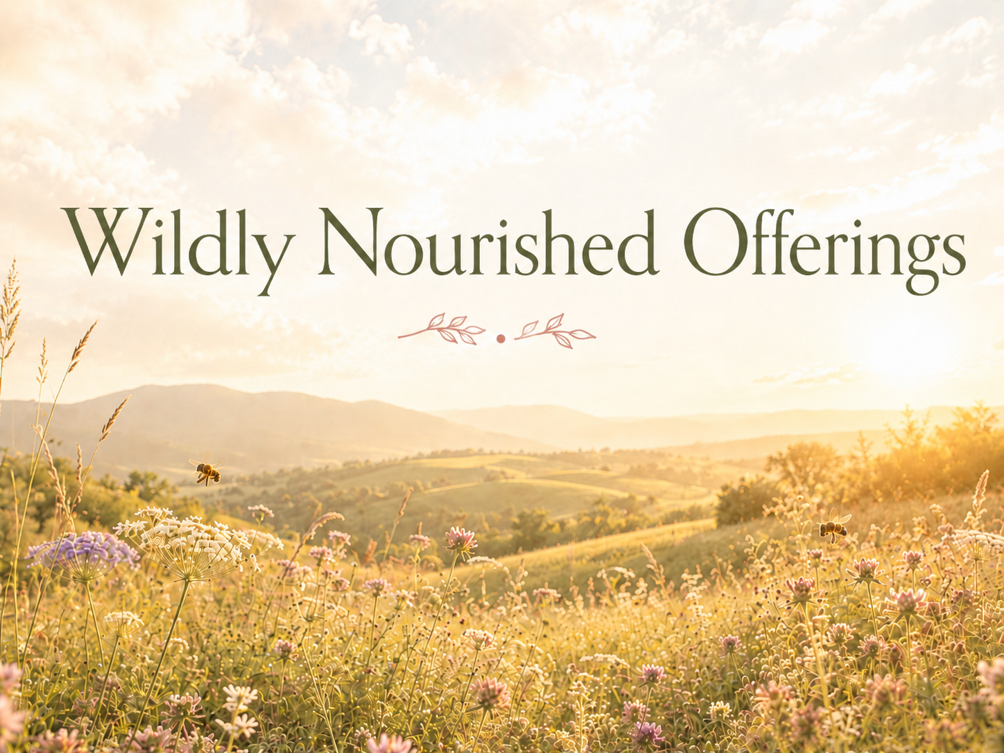 A landscape of a field with wildflowers and bees in sunlight, with mountains in the background, overlaid with the text 'Wildly Nourished Offerings'.