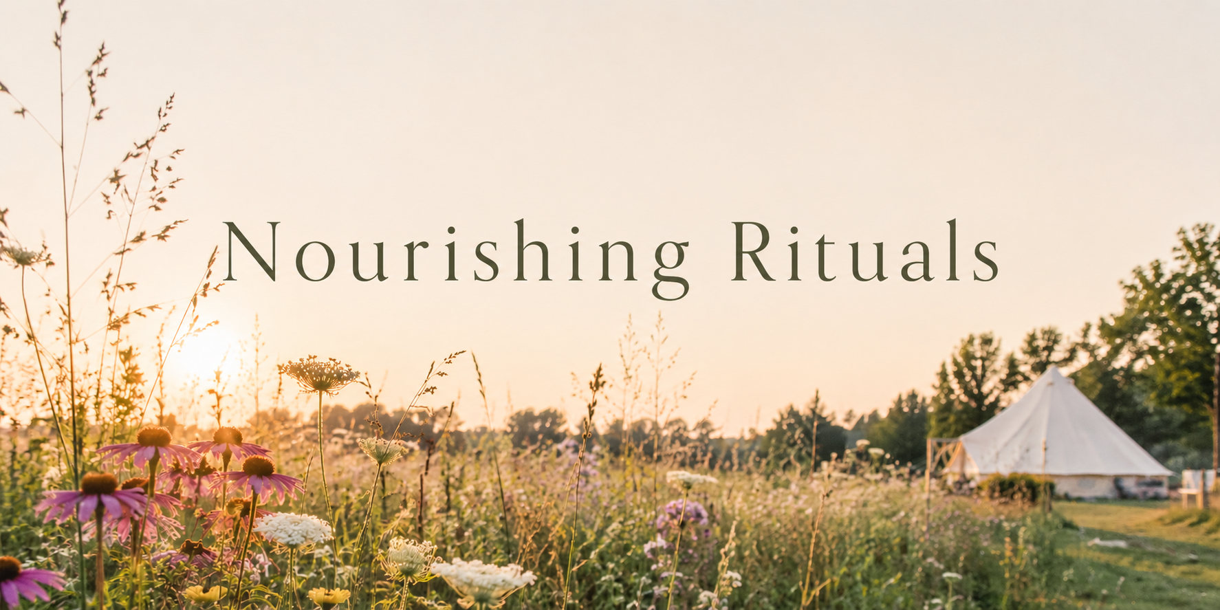 A field of wildflowers with a white tent in the background during sunset, with the text 'Nourishing Rituals' overlaid.