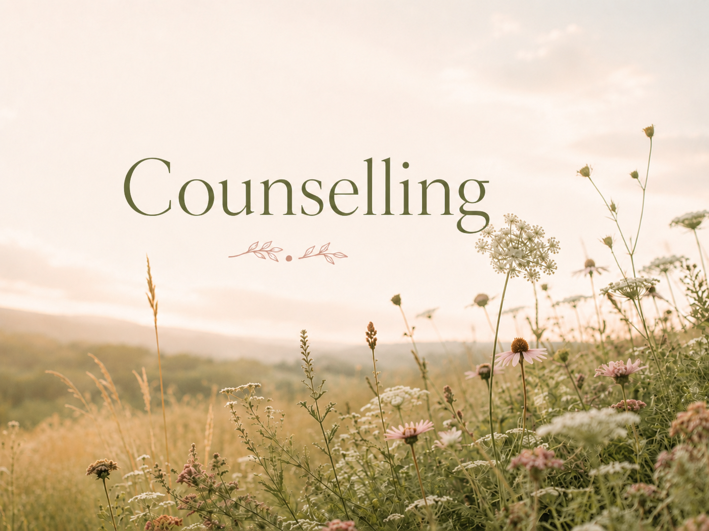 A scenic outdoor view of a field with wildflowers at sunset and the word 'Counselling' written across the sky in green font.